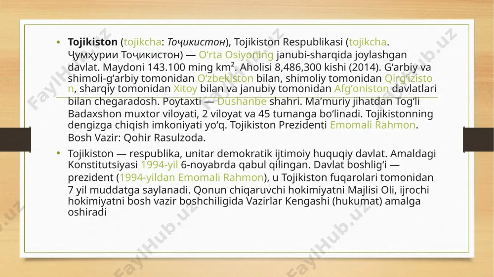 avlati tojikiston yoshlarning ijtimoiy-iqtisodiy, madaniy-siyosiy hayotida salmoqli muvaffaqiyatlarga erishishda muhim rol o‘ynadi, yoshlarga oid davlat siyosatining shakllanishiga, yoshlarga oid davlat siyosatining shakllanishiga, ularning shakllanishi va rivojlanishi uchun izchil keng imkoniyatlar yaratilishiga xizmat qildi. murakkab tuzilmaviy va ijtimoiy o'zgarishlar sharoitida yoshlarning o'z-o'zini anglash tuyg'usini oshirish, bu jarayonda yoshlarning hissasi samarali. siyosiy vaziyat har doim davlatning ijtimoiy-siyosiy va madaniy hayotiga sezilarli ta'sir ko'rsatadigan turli xil kuchlarga tayangan. bunday kuchlarning paydo bo'lishi uchun eng avvalo, tizim va tuzilma yoki siyosiy tashkilotlar yaratish kerak. 1997-yilda hukumat tarkibida davlat hokimiyati organi – tojikiston respublikasi hukumati huzuridagi yoshlar ishlari boʻyicha qoʻmita tashkil etilgani bu boradagi muhim yutuq boʻldi. shunday qilib, 14 yildirki, yoshlar sohasidagi vakolatli davlat organi mamlakatimizning barcha shahar va tumanlarida yoshlarga oid davlat siyosatini amalga oshirib kelmoqda. prezidentimizning mamlakatimiz yoshlari vakillari bilan muntazam uchrashuvlari davlatimiz rahbari yoshlarga yurt taraqqiyotining muhim tayanchi, bunyodkor va yetaklovchi kuch sifatida qarashidan dalolatdir. binobarin, yurtimiz yoshlari bilan o‘tkazilayotgan har …