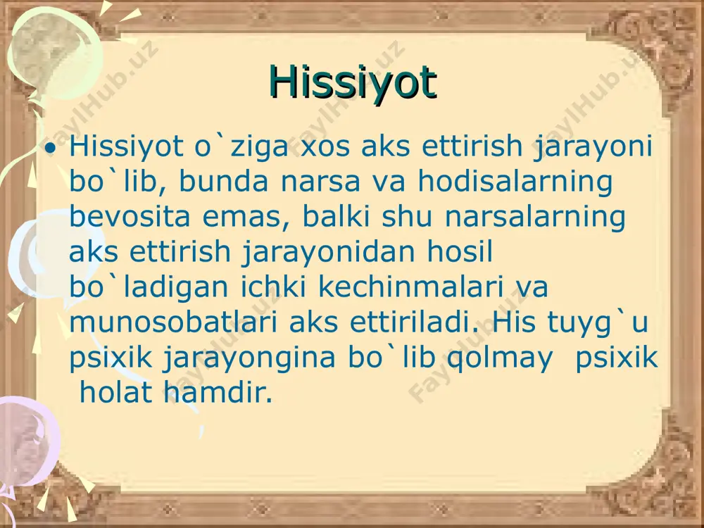 holda namoyon bo`luvchi asab tizimi, endokrin, ovqat xazm qilish va boshqa tizimlardagi o`zgarishlar bilan bog`liq jarayonlarni; anglangan sezgilar bilan bog`liq jarayonlarni. yuz ifodasi, imo-ishora va hatti -harakatlarda namoyon bo`luvchi hissiyotlar yig`indisini o`rganish. hissiyotlar o`zining kuchi, davomiyligi, sifati va mazmuniga ko`ra ham farq qilishi mumkin. hissiyotlarni eksperimental yo`l bilan o`rganganda har bir kishining hissiy holatlari haqidagi nutqiy tavsiflaridan va vegetativ xususiyatlarni turli usullar yordamida yozib olishdan foydalanish mumkin. hissiy holatlarning ifodalanishi (ekspressiv tomoni)ni o`rganishning qulayligi, tarixiy xujjatlar, kinoxronika lentalari, fotosurat va boshqalardan ham foydalanish mumkin. ekspressiya deganda, insonning jismoniy va ruhiy holatlarining tashqi namoyon bo`lishi harakati-mimika, tananing ifodali harakati -poza, qo`lning ifodali harakati imo-ishora (jest) ularning barchasi umumlashtirib, pantomimika deb ataladi. insonning ruhiy holati haqida eng ko`p axborotni mimika beradi. insonning pantomimik harakatlari yosh va individual xususiyatlariga bog`liq holda namoyon bo`ladi. pantomimik harakatlar pantomimik harakatlar ixtiyorsiz va ixtiyoriy bo`lishi mumkin. ixtiyoriy pantomimika ixtiyorsiz harakatlar asosida, sub`ektning hayotiy tajribasi natijasi sifatida rivojlanadi. …