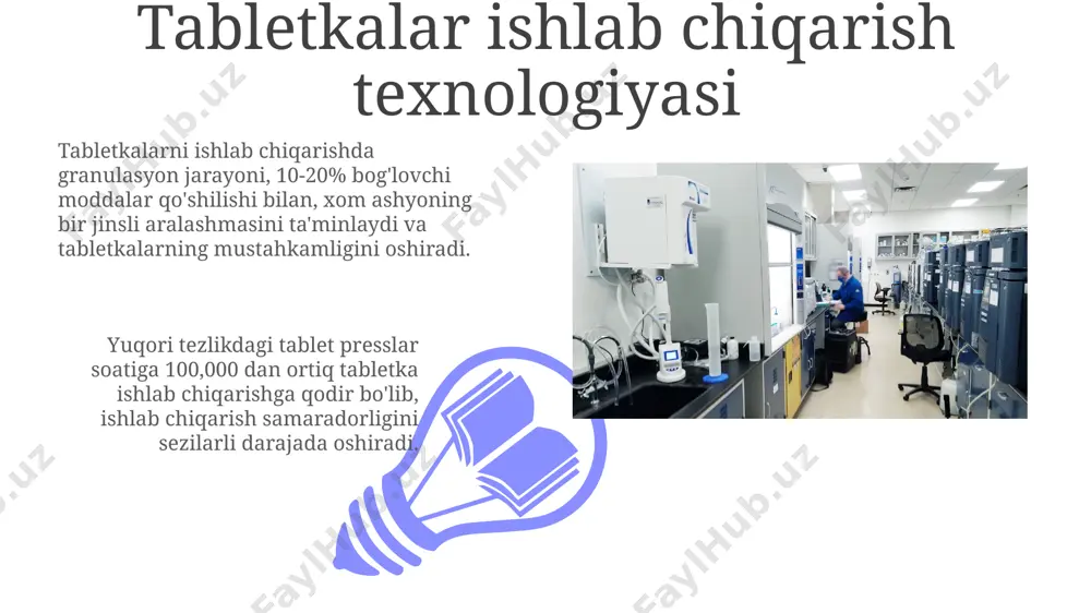 faol moddaning tozaligi 99,5% dan yuqori bo‘lishi kerak, bu esa yuqori samaradorlik va minimal yon ta'sirlarni ta'minlaydi. preparatning barqarorligi va saqlash muddatini uzaytirish uchun, 10 dan ortiq turdagi yordamchi moddalar, shu jumladan, stabilizatorlar va konservantlar qo‘shiladi. malham va kremlar ishlab chiqarish яхши сифатли малхам ва кремлар ишлаб чиқаришда 20-30% ни ташкил этувчи ёғли базалардан, масалан, вазелин ёки ланолиндан фойдаланилади. суюқ малхамлар ишлаб чиқаришда эмульсиялар технологиясидан фойдаланилади, бунда сув ва ёғли фазаларнинг нисбати 40:60 дан 70:30 гача ўзгариб туриши мумкин. sifat nazorati va sinovlari 01 02 veterinariya preparatlarini ishlab chiqarishda sifat nazorati jarayonida 10 dan ortiq fizik-kimyoviy parametrlar, shu jumladan, faol moddaning miqdoriy aniqlanishi va tozaligi tekshiriladi. sales 1st qtr 2nd qtr 100 0 sales 1st qtr 2nd qtr 100 0 inyeksiya uchun eritmalar va suspenziyalar ishlab chiqarish eritmalar va suspenziyalarni aseptik sharoitda ishlab chiqarish jarayoni iso 14644-1 standartlariga muvofiq toza xonalarda amalga oshiriladi, bu esa 1 m³ havodagi zarrachalar sonini …