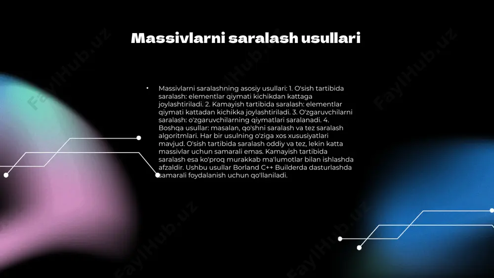 hda natijalar taqqoslanishi saralash jarayonida turli algoritmlar tomonidan olingan natijalar taqqoslangan. grafik ko'rinishda har bir algoritmning samaradorligi va natijalari osonlik bilan ko'rinadi. bu natijalar, saralash jarayonining qanchalik tez va samarali o'tishini tushunishga yordam beradi. saralash jarayonidagi vaqt xarajatlari har bir algoritm uchun vaqt ko'rsatkichlari quyidagicha: katta massivlar bilan ishlashda, masalan, quicksort algoritmi 0.02 soniyada, bubblesort esa 0.5 soniyada saralashni amalga oshiradi. bu natijalar, saralash algoritmlarining samaradorligini ko'rsatadi. amaliy misol: quicksort quicksort algoritmi orqali 1000 ta elementdan iborat massiv saralandi. natijalar grafikda ko'rsatilgan bo'lib, bu algoritmning samaradorligini aniq ko'rsatadi. bunga ko'ra, quicksort eng tezkor algoritm hisoblanadi. amaliy misol: bubblesort bubblesort algoritmi yordamida 1000 ta elementdan iborat massiv saralandi. natijalar grafikda aks etgan. bu algoritmning samaradorligi pastligi bilan ajralib turadi, chunki u ko'p vaqt talab qiladi. saralash jarayonidagi xatolar va ularni bartaraf etish saralash jarayonida uchraydigan xatolar: - noto'g'ri indekslash - elementlarni noto'g'ri solishtirish - massiv o'lchamlarini noto'g'ri belgilash xatolarni bartaraf etish …