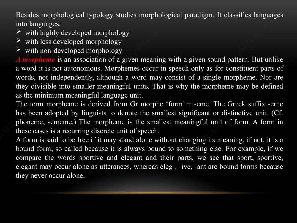 ress the grammatical relations that would otherwise be indicated by syntax. in addition, there tends to be a high degree of concordance (agreement, or cross-reference between different parts of the sentence). therefore, morphology in synthetic languages is more important than syntax. most indo-european languages are moderately synthetic. there are two subtypes of synthesis, according to whether morphemes are clearly differentiable or not. these subtypes are "agglutinative" and "fusional" (or "inflectional" or "flectional" in older terminology). agglutinative languages agglutinative languages have words containing several morphemes that are always clearly differentiable from one another in that each morpheme represents only one grammatical meaning and the boundaries between those morphemes are easily demarcated; that is, the bound morphemes are affixes, and they may be individually identified. agglutinative languages tend to have a high number of morphemes per word, and their morphology is highly regular. agglutinative languages include korean, hungarian, turkish, japanese and luganda. …