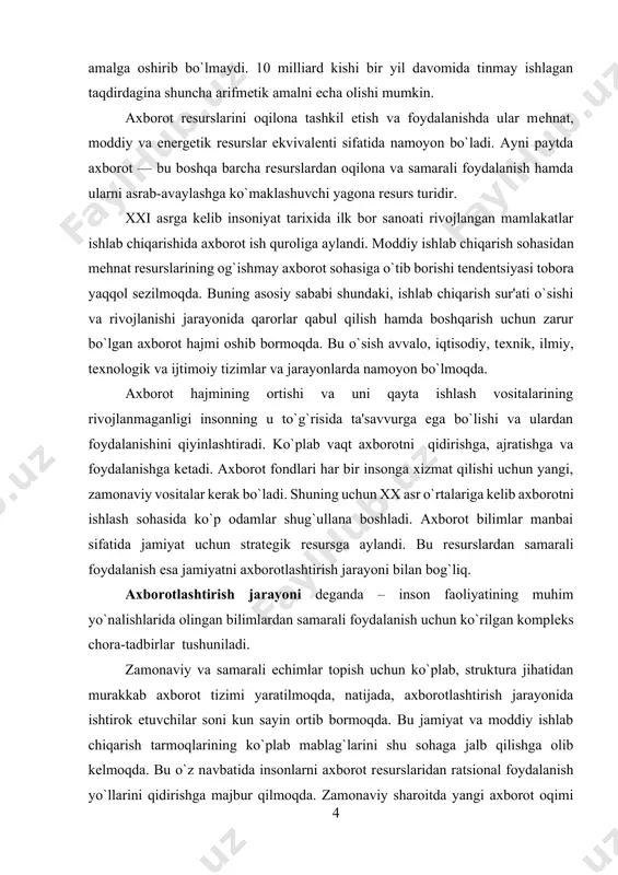 jarayoni bilan bog`liq. axborotlashtirish jarayoni dеganda – inson faoliyatining muhim yo`nalishlarida olingan bilimlardan samarali foydalanish uchun ko`rilgan komplеks chora-tadbirlar tushuniladi. zamonaviy va samarali еchimlar topish uchun ko`plab, struktura jihatidan murakkab axborot tizimi yaratilmoqda, natijada, axborotlashtirish jarayonida ishtirok etuvchilar soni kun sayin ortib bormoqda. bu jamiyat va moddiy ishlab chiqarish tarmoqlarining ko`plab mablag`larini shu sohaga jalb qilishga olib kеlmoqda. bu o`z navbatida insonlarni axborot rеsurslaridan ratsional foydalanish yo`llarini qidirishga majbur qilmoqda. zamonaviy sharoitda yangi axborot oqimi qanchalik tеz ko`paysa shu bilan birga ularning eskirish muddatlari ham tеzlashmoqda, bu o`z navbatida, axborotni tanlash, unga erishish qiyinchiliklarini kеltirib chiqarmoqda. har bir injеnеr, xizmatchi, rahbar o`z faoliyati davomida ko`plab qog`ozlarga bitilgan axborotni tahlil qilishiga to`g`ri kеladi. bu esa axborotga erishish uchun ko`plab vaqt sarflashga to`g`ri kеlib, ishni tashkil qilish unumdorligiga salbiy ta'sir qiladi. bunday muammolarni samarali еchish jamiyatni axborotlashtirish masalasini ko`ndalang qilib qo`ymoqda. jamiyatni axborotlashtrish – yuridik va jismoniy shaxslarning axborotga bo`lgan ehtiyojlarini qondirish …