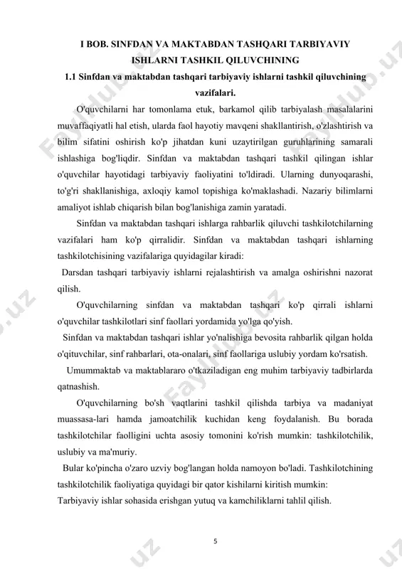 umummaktab va maktablararo o'tkaziladigan eng muhim tarbiyaviy tadbirlarda qatnashish. o'quvchilarning bo'sh vaqtlarini tashkil qilishda tarbiya va madaniyat muassasa-lari hamda jamoatchilik kuchidan keng foydalanish. bu borada tashkilotchilar faolligini uchta asosiy tomonini ko'rish mumkin: tashkilotchilik, uslubiy va ma'muriy. bular ko'pincha o'zaro uzviy bog'langan holda namoyon bo'ladi. tashkilotchining tashkilotchilik faoliyatiga quyidagi bir qator kishilarni kiritish mumkin: tarbiyaviy ishlar sohasida erishgan yutuq va kamchiliklarni tahlil qilish. tarbiyaviy ishlarning maqsad va vazifalarini aniqlash. tarbiyaviy, ommaviy, siyosiy ishlarni rejalashtirish va ularning mazmunini, shakl va usullarini aniqlash. sinfdan, maktabdan tashqari ishlarni rejalashtirish, guruhlashtirish va ularning mazmunini, shakl va usullarini aniqlash, boshqaruvchi shaxslarni aniqlash. o'quvchilarning sinfdan tashqari ishlari o'z mazmuniga ko'ra tafakkur faoliyati va munosabat vositasi hisoblanadi. chunki sinfdan tashqari ishlarda olingan axborot idrok etiladi, qayta ishlanadi. shu asosda yangi bilimlar hosil qilinadi. o'quvchilar maktabdan tashqari ishlarda qatnashib turli kishilar bilan muayan munosabatga kirishadilar. turli vaziyatga duch keladilar. shuning uchun ham o'quvchilarning maktabdan tashqari faoliyatlari qanchalik xilma-xil bo'lsa, …