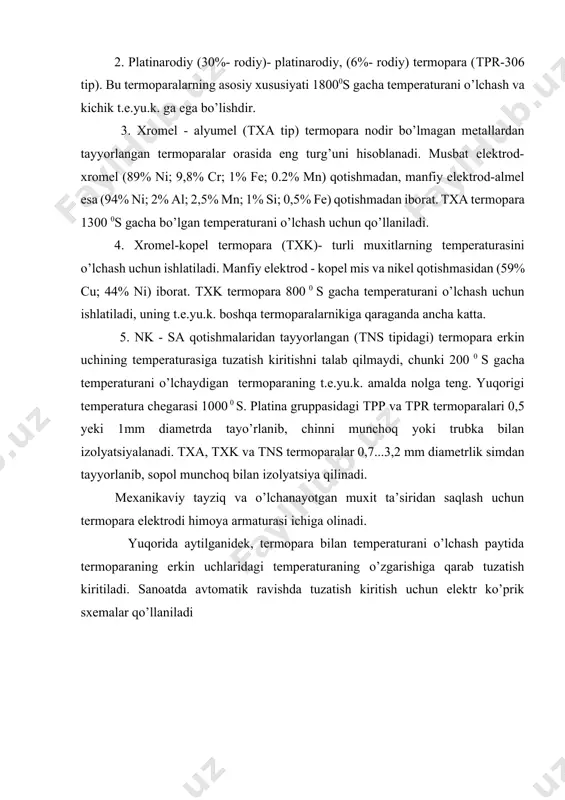 m. тermoelektrik termometrning prinsipial sxemasi. p’ezoelektrik datchiklar p’ezoelektrik datchiklarni (2.31-rasm) ishlash prinsipi ba’zi kristall moddalarning mexanik kuch ta’sirida elektr zaryad hosil qilish qobiliyatiga asoslangan. bu xodisa p ‘yezoeffyekt deb ataladi. p’ezoeffekt kvars, turmalin, segnet tuzi, bariy titanat va boshqa moddalar kristallarida kuzatiladi. bu tipdagi asboblarda. ko’pincha kvars ishlatiladi. kvarsning p’ezo elektroeffekti +500° s gacha bo’lgan temperaturaga bog’liq emas, lekin +570° s dan oshgan temperaturada bu effekt nolga teng bo’lib qoladi. pezoelektrik datchiklarning hosil qiladigan eyuk bosimga proporsional bo’lib, quyidagi formula orqali aniqlanadi: (2.32) bu yerda – s - datchikning umumiy sig’imi fx - mexanik bosim a0 - proporsionallik koeffitsiyenti 2.31-rasm. pezoelektrik datchikning sxemasi ushbu datchikning sezgirligi: (2.33) ko’rib chiqilgan prinsipda pezoelektrik manometrlar ishlaydi (2.3.2-rasm). 2.32-rasm. pezoelektrik manometrning sxemasi: 1-bosim memranasi, 2, 5-metall qistirmalar, 3-potensial qistirma, 4-izolyatsion o’tkazgich, 6-sharik. p’ezokvars manometrning tuzilish sxemasi 4-rasmda keltirilgan. o’lchanayotgan bosim membrana 1 orqali kvars plastinkalar 7 ga ta’sir qiladi. bu plastinkalarning metall kistirma 2 …