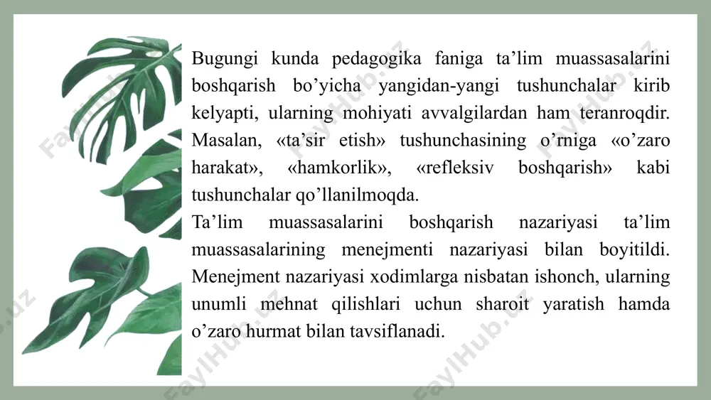 ida o’z-o’zini boshqarishning yuqori organi vazifasini maktab kengashi bajaradi. maktab kengashi bir yilda 4 marta chaqiriladi. davlat ta’lim muassasalari bilan bir vaqtda nodavlat ta’lim muassasalarining faoliyat ko’rsatishi ham ta’limni boshqarishning jamoatchilik xarakterini ifodalaydi.umumiy o’rta ta’lim maktabi, akademik litsey va kasb-hunar kollejlari va unga rahbarlik qilishning asosiy hujjati. o’zbekiston respublikasining «umumiy o’rta ta’lim to’g’risida»gi nizomi o’zbekiston respublikasi vazirlar mahkamasining 1998-yil 13 maydagi 203-sonii qaroriga muvofiq qabul qilingan. ushbu nizomda quyidagi masalalar yoritilgan: umumiy qoidalar. umumiy o’rta ta’limni tashkil etish. umumiy o’rta ta’limning maqsadi va vazifalari. o’quv-tarbiya jarayonini tashkil etish va uning mazmuni. umumiy o’rta ta’limni boshqarish. nizomga asosan, umumiy o’rta ta’limning maqsadi o’quvchilarni davlat ta’lim standartlariga muvofiq o’qitish va tarbiyalash hamda shaxsning ta’lim olish huquqini ro’yobga chiqarish hisoblanadi. umumiy o’rta ta’lim mazmunini yoritish nizomning asosiy g’oyalaridan biri bo’lib, majburiv va qo’shimcha komponentlar umumiy o’rta ta’lim darajasini belgilaydi. qo’shimcha komponent o’quvchining ehtiyojlari va qobiliyati, maktabning moddiy-texnika va kadrlar bilan ta’minlanganlik darajasidan kelib …