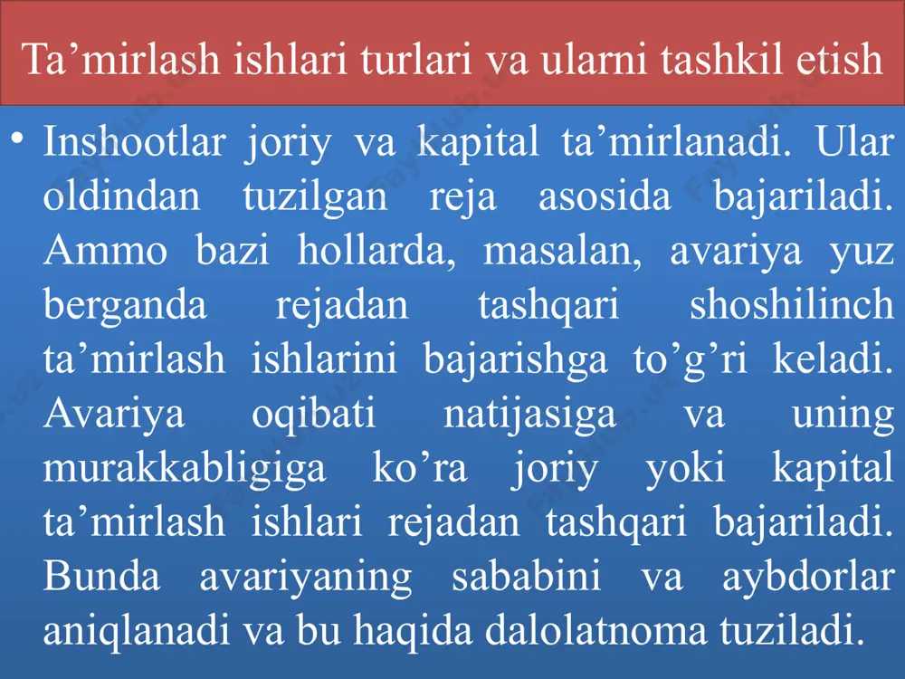 dalolatnomasini tuzadi. unda bajarilgan ishlar ro’yxati, ta’mirlanish sifati, sinash natijalari, ishlarning bajarilish muddatlari ko’rsatiladi. dalolatnomaga sinov haqidagi hujjatlar, berk ishlar haqidagi dalolatnomalar hamda detallarning konstruksiyasi amaldagidan o’zgartirilgan bo’lsa, ijro chizmalari qo’shib beriladi. ko’zda tutilmagan (avariya) oldin sezilmagan mayda, tasodifiy shikastlanishlarni shoshilinch tugatish, profilaktika qilish yoki avariya natijasida ishdan chiqqan jihozlarni shoshilinch tamirlashdan iborat. bunday tamirlash ishlarini bajarish uchun joriy ta’mirlashga ajratilgan mablag’ning 20-25 % sarflanadi. 14 nasoslarini qismlarga ajratish d turdagi nasoslarni qismlarga ajratish buning uchun avval manometr, vakuummetr olinadi, nasosdan suv va moy chiqarish tiqinlari bo’shatiladi va yarim muftalar ajratiladi. so’ngra podshibniklarning gaykalari bo’shatiladi, nasos qopqog’idagi salniklarning qisish muftalaridagi gaykalar bo’shatiladi, nasos qopqog’i olinadi. shundan so’ng o’zidagi detallari bilan birga chiqariladi. nasos teskari tartubda yig’iladi. k turdagi nasoslarni qismlarga ajratish buning uchun oldin bosim quvuridagi zadvijkalar mahkam yopiladi. agar manfiy so’rish balandligida ishlasa so’rish quvuridagi zadvijka ham yopiladi, so’ng nasosdan suv va moy vannasidan moy chiqarib yuboriladi, vakuummetr va …