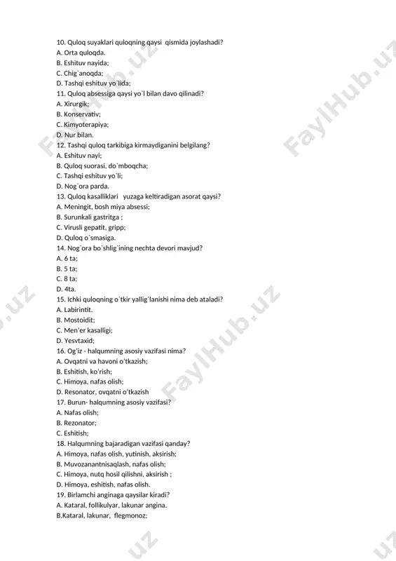 a, nafas olish; d. resonator, ovqatni o’tkazish 17. burun- halqumning asosiy vazifasi? a. nafas olish; b. rezonator; c. eshitish; 18. halqumning bajaradigan vazifasi qanday? a. himoya, nafas olish, yutinish, aksirish; b. muvozanantnisaqlash, nafas olish; c. himoya, nutq hosil qilishni, aksirish ; d. himoya, eshitish, nafas olish. 19. birlamchi anginaga qaysilar kiradi? a. kataral, follikulyar, lakunar angina. b.kataral, lakunar, flegmonoz; c.kataral, zamburug`li angina; d. kataral, lakunar, gangremoz; 20. halqum necha qismdan iborat? a. 3 ta; b. 2 ta; c.4 ta; d.1 ta. 22. bodomcha bezlarining bajaradigan vazifasi qanday? a. himoya qilish; b. tam bilish ; c. yutinish; d. nutq hosil qilish. 22. halqum murtaklarining o`tkir yallig`lanishi nima deyiladi? a. angina ; b. absess; c. laringit; d. tonzillit. 23. o’tkir laringitda qaysi organ yallig’lanadi? a. hiqildoq; b. traxeya; c. bronxlar; d. plevra. 24. halqumning hilpillovchi epiteliy bilan qoplangan qismi? a. burun –halqum. b. og’iz- halqum; c. hiqildoq –halqum; d. halqum; 25. quloq,tomoq …