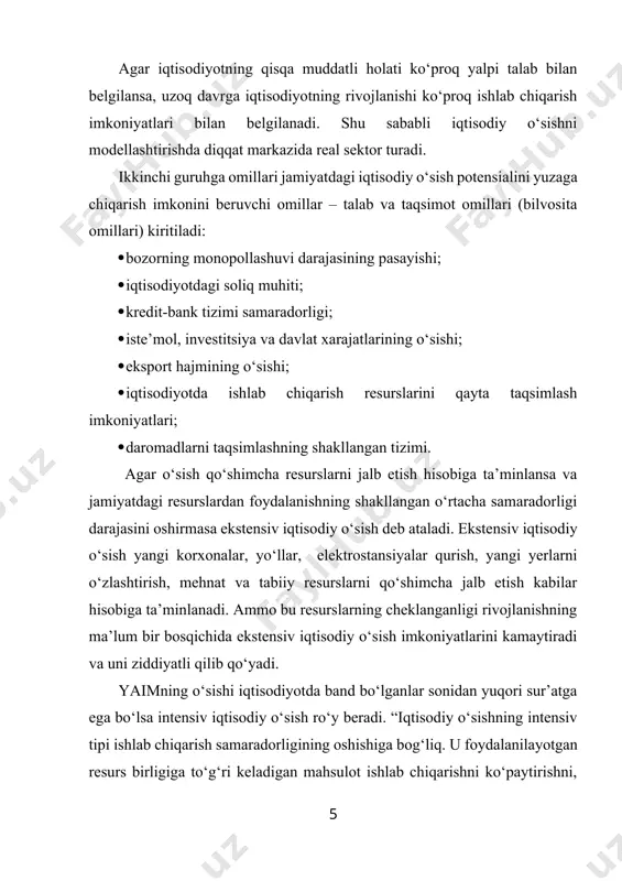 nishda, shartli tarzda grafiklarda va tenglamalarda aks ettiradi. iqtisodiy о‘sishning keynscha va neoklassik modellari mavjud. keynscha modellarning mohiyati quyidagicha asoslanadi: 0. ularning barchasi keynsning yalpi talab tо‘g‘risidagi bosh g‘oyasiga tayanadi. ya’ni ularni tuzishda mualliflar iqtisodiyotni uzoq muddatli mutanosib rivojlanishining hal qiluvchi shart – yalpi talabni oshirish deb qaraladi; 0. iqtisodiy о‘sishning asosiy omili investitsiyalar hisoblanadi, boshqa ishlab chiqarish omillari e’tiborga olinmaydi. keynscha iqtisodiy о‘sish modelidan farqli va soddaroq model 40-yillarda e.domar tomonidan taklif etilgan. keyns о‘z tahlilida investitsiyalarnig yalpi talabga ta’sirini о‘rgangani holda, yalpi taklifga ta’sirini kо‘rib chiqmaydi. undan farqli tarzda domar modelida mehnat bozorida ortiqcha taklif mavjud, bu baholarni barqaror holatda ushlab turadi, investitsion lag (lag kapitalnix vlojeniy – razriv vo vremeni mejdu kapitalnimi vlojeniyami v proizvodstvo i polucheniyem ekonomicheskogo effekta. ishlab chiqarishga kiritilgan investitsiyadan olinadigan samaradorlikning namoyon bо‘lishi uchun ketgan vaqt) «0» ga teng, kapital quyilmalarning chegaraviy unumdorligi doimiy deb olinadi. e.domar investitsiyalarni ham talab ham taklif omili …