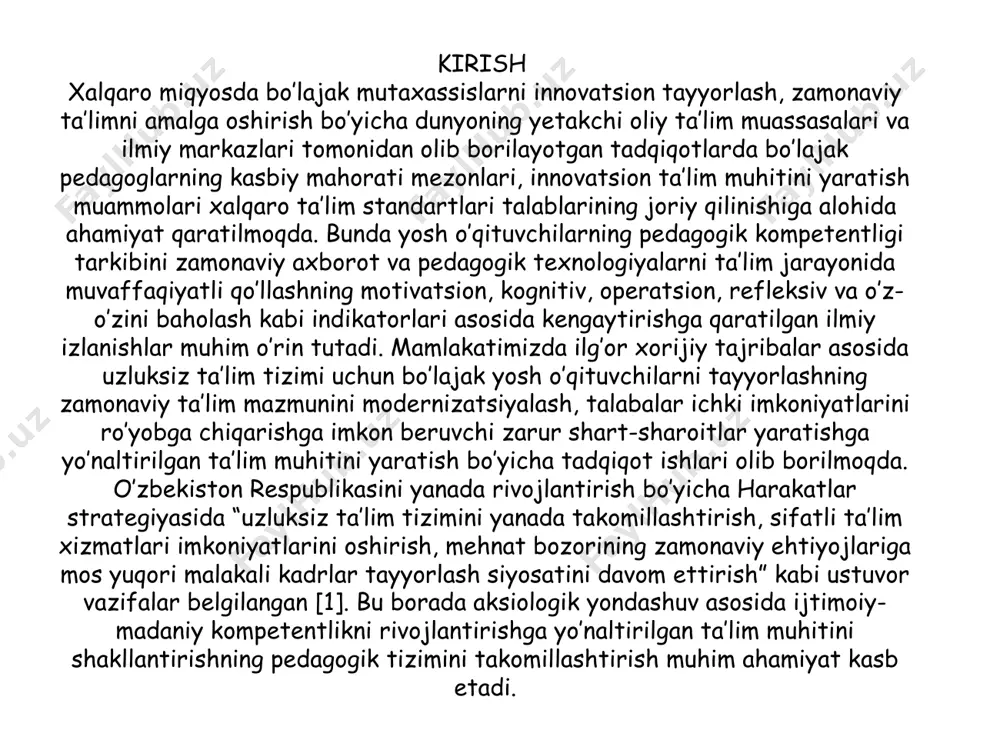 miy adabiyotlar tahlili uning quyidagi o’ziga xos jihatlarini ajratib ko’rsatish imkonini berdi: birinchidan, ijtimoiy-madaniy kompetentlik o’zida jamiyat va madaniyat talablarini ifoda etishi mumkin. bu esa, shaxsning ijtimoiy-axloqiy me’yorlar mazmuni haqidagi bilimlarga, madaniy talablar asosida faoliyat shakllarini tashkillashtirish ko’nikmasiga egaligi hamda uning qadriyatli yo’nalganligi bilan izohlanadi. ikkinchidan, ijtimoiy-madaniy kompetentlik insonning ijtimoiy o’zaro sheriklik, hamkorlik sub’yekti sifatidagi yaratuvchilik xususiyatlarini ham aks ettiradi ijtimoiy-madaniy kompetentlilikni rivojlantirish jarayoni bo’lajak o'qituvchilarga mamlakatimizda amalga oshirilayotgan islohotlar, yaratilayotgan yangiliklar va rivojlanishlar bo'yicha tushunchalar berib borish asosida ularda kasbiy kompetentlilikni muntazam rivojlantirib borishning korporativ asoslarini inobatga olishni taqozo etadi. “korporativ” so'zining lug'aviy ma’nosi “o'zbek tilining izohli lug'ati”da “ko'pchilikka, umumga tegishli” deb ko'rsatilgan. bo’lajak o'qituvchilarda ijtimoiy-madaniy kompetentlikni muntazam rivojlantirib borishning korporativ asoslari sifatida quyidagilarni keltirishimiz mumkin ta’lim va tarbiya jarayonlariga tizimli yondashuv – bu o’qitish va tarbiyalash natijalariga asoslanib, mazkur jarayonlarning maqsad va vazifalarini aniqlashtirish, har bir bosqichini alohida-alohida loyihalash, ta’lim va tarbiyaning shakl, metod va vositalarini aniq belgilab …
