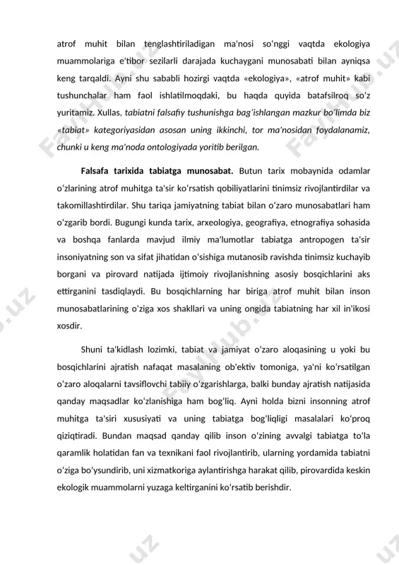 iga aylantirishga harakat qilib, pirovardida keskin ekologik muammolarni yuzaga keltirganini ko‘rsatib berishdir. insoniyat tarixining ilk bosqichida tabiatga munosabat. yer, okeanlar, qit'alar o‘rni va ularda yashovchi xalqlar haqidagi dastlabki tasavvurlar odamlarda atigi 300-400 yil muqaddam, buyuk kashfiyotlar davri yakunlanganidan so‘ng paydo bo‘ldi. bungacha odamlar bir necha ming yillar mobaynida uncha katta bo‘lmagan hududlarda yashadilar. ibtidoiy odam termachilik, ovchilik, baliqchilik bilan shug‘ullanib, o‘zining odatdagi ehtiyojlarini tayyor mahsulotlarni o‘zlashtirish bilan qondirgan, ya'ni tabiat bergan ne'matlar bilan kifoyalangan. bu ne'matlar uning atrofida o‘sayotgan, chopayotgan, o‘rmalayotgan, uchayotgan, suzayotgan va ovqatlanish uchun yaraydigan narsalardan iborat bo‘lgan. o‘sha davrda inson tabiatga to‘la singib ketgan va unga butunlay qaram bo‘lgan. u tabiatdan ajralmagan va o‘zini unga qarshi qo‘ymagan. ayni shu sababli, o‘sha davrda faqat oziq-ovqat mahsulotlarining mavjudligi va yashab qolishni ta'minlovchi tabiiy sharoitlar bilan belgilangan o‘zining oz sonliligi tufayli ibtidoiy odam atrof muhitga sezilarli darajada zarar yetkazishga qodir emas edi. termachilikdan insonga uning kundalik hayotida zarur bo‘lgan narsalarni …