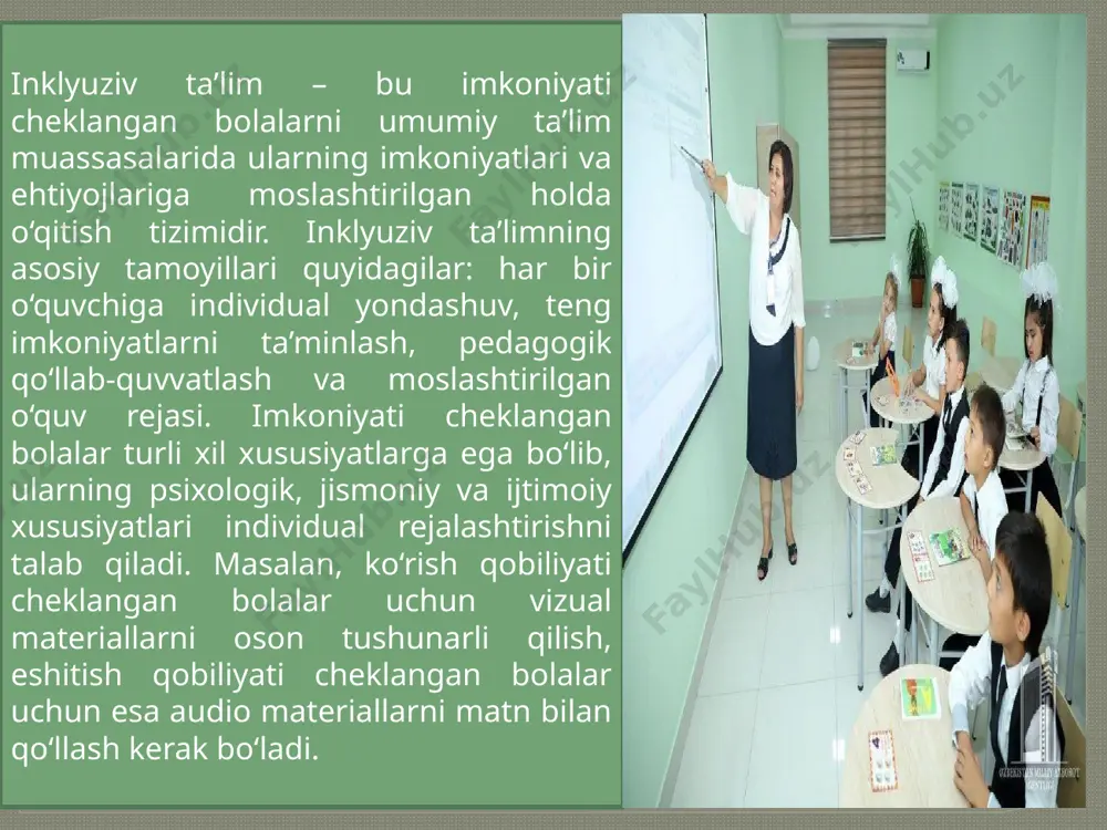 qobiliyati cheklangan bolalar uchun esa matnli qo‘llanmalar, subtitrlar, vizual va interaktiv materiallar qo‘llaniladi. shu bilan birga, amaliy mashg‘ulotlar, guruh ishlari, rolli o‘yinlar va raqamli platformalar yordamida darslar qiziqarli va samarali bo‘ladi. individual reja dasturi asosida dars olib borish jarayonida o‘quvchining bilim va ko‘nikmalari doimiy ravishda monitoring qilinadi. pedagog har bir o‘quvchining darsdagi faoliyatini, savollarga javob berish darajasini, mustaqil ish bajarish ko‘nikmalarini va guruhdagi hamkorlik qobiliyatini tahlil qiladi. natijalar asosida reja yangilanadi, metodik materiallar moslashtiriladi va zarur hollarda qo‘shimcha resurslar joriy etiladi. shu tarzda individual reja dasturi o‘quvchining shaxsiy rivojlanishini ta’minlash bilan birga, pedagoglarga darsni samarali tashkil etish va ta’lim jarayonini optimallashtirish imkonini beradi. moslashtirilgan o‘quv-metodik adabiyotlar inklyuziv ta’limning ajralmas qismi bo‘lib, ular o‘quvchining ehtiyojlariga moslashgan holda tayyorlanadi. bu adabiyotlar matnni sodda va tushunarli qilish, vizual yordamlar, audio materiallar, interaktiv mashg‘ulotlar va amaliy ishlarga asoslangan bo‘lishi lozim. masalan, matematika darsida diagrammalar va rangli grafikalar yordamida mavzular tushuntiriladi, o‘yinlar orqali amaliy mashqlar …