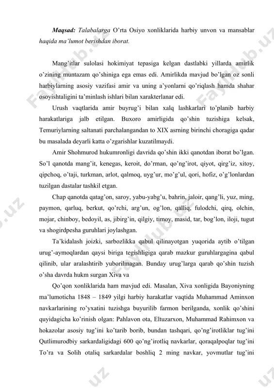 ota, eltuzarxon, muhammad rahimxon va hokazolar asosiy tug’ini ko’tarib borib, bundan tashqari, qo’ng’irotliklar tug’ini qutlimurodbiy sarkardaligidagi 600 qo’ng’irotliq navkarlar, qoraqalpoqlar tug’ini to’ra va solih otaliq sarkardalar boshliq 2 ming navkar, yovmutlar tug’ini ahmatulloh yasovulboshi sarkardaligida, 2 ming otliq yimralilar tug’ini xudoyor sarkardaligida 2 ming otliq, chavdirlar tug’ini muhammad murodbiy sarkardaligida ming otliq, sakirlar tug’ini erniyoz mahram sarkardaligida, 6 ming otliq, tuyachi tug’ini ollosh biy o’g’li olloyorbek sarkardaligida 650 ming nafar, mang’it tug’ini bekmanbiy sarkardaligida 300 otliq, qipchoqlar tug’ini xo’ja niyozbiy sarkardaligida 300 otliq va hokazo shunga o’xshash – 25 guruh tug’i ko’tarib borilgan. demak, xix asrning boshlariga qadar xonliklarda qo’shin tuzishda urug’ – qabilachilik an’analari etakchilik qilib kelgan. mang’itlar sulolasi hukumronligida amir haydar hukumronligi davriga (1800 – 1826) kelib dastlabki tub o’zgarishlar ro’y berib, ya’ni ma’lum ma’noda muntazam armiya tashkil etildi, deyishga asos bor. biroq, ba’zi tarixchilar bu fikrga to’la qo’shilmaydilar. tadqiqotchi b. ismoilova buxoro amirligida armiya va harbiy ishlarni …