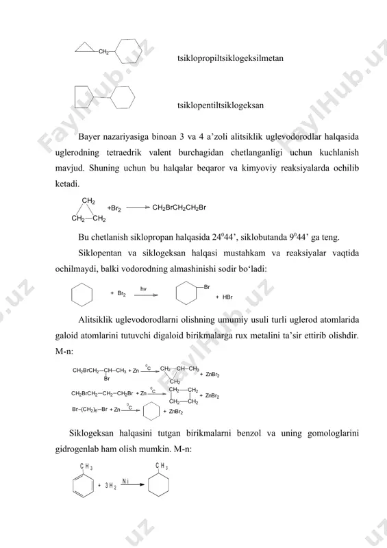 uglevodorodlar va ularning hosilalarini boshqa maxsus usullari ham mavjud. siklik uglevodorodlarda halqadagi uglerod atomlari bir tekislikda yotaolmaydi, shuning uchun ular turli konformatsiyalarda bo‘ladi: «vanna» konformatsiya «kreslo» konformatsiya bunday konformatsiyalarning mavjud bo‘lishishining sababi halqadagi uglerod atomlarining bitta tekislikda yotmasligidadir. bunday konformatsiyalarni to‘rt va besh a’zoli halqalar uchun ham yozish mumkin. adabiyot: 1.o.ya neyland organicheskaya ximiya. m.: «viysshaya shkola». 1990. s.159-175. 2.a.n. nesmeyanov, n.a. nesmeyanov nachala organicheskoy ximii. m.: kniga -1. 1969. s. 523-629. 3.q.n. axmedov, x.y. yo‘ldoshev organik kimyo usullari. ii-qism. t.: «universitet». 1998. 90-116 b. image4.wmf image5.wmf image6.wmf image7.wmf image8.wmf oleobject3.bin image9.wmf image1.png image2.png image3.wmf