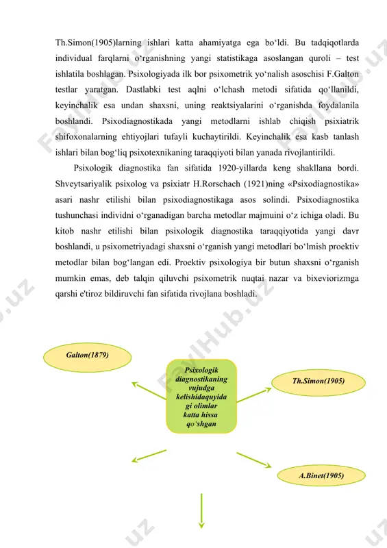 i. masalan, aqlni o‘rganish metodlari orasida amerikalik psixolog d.wechsler(1939, 1955)ning subtestlari keng tarqaldi. yangi proektiv metodlar ham yaratilib, keng foydalanila boshlandi. (amerikalik psixolog g.murray(1935, 1943)ning tematik appertseptsion testi (tat), nemis psixologi s.rosenswegning frustratsiyaga bo‘lgan reaktsiyani o‘rganish bo‘yicha testi va boshqalar.) shaxsiy savolnomalar (mmri, 16 pf) keng tarqaldi. sobiq ittifoqda psixodiagnostika va eksperimental psixologaya fanining taqdiri rus psixologiyasida diagnostik metodlardan foydalanish o‘z tarixiga ega. bu jarayonda shartli ravishda 2 bosqichni ajratish mumkin. birinchi bosqich o‘tgan asr 20-yillarining boshidan 30 yillar o‘rtasigacha bo‘lgan davrni o‘z ichiga oladi. bu davrda pedagogika va psixotexnikada test metodlari keng tarqaldi. bunga bog‘liq ravishda pedalogiya – bola haqidagi fan rivojlana boshlandi. uning predmeti – bolalar hayotini o‘rganish, irsiyatning rolini, jismoniy va ma'naviy taraqqiyot qonunlarini aniqlash, bolalar psixikasida kasallik ko‘rinishlarini o‘rganishdan iborat (k.n.kornilov, 1917). bu davrda psixologik diagnostikaning rivojlanishiga m.s.bernshteyn, l.s.vigotskiy, p.p.blonskiy, s.g.gellershteyn, n.d.levitov, g.i.rossolimo, p.i.shpilreyn, a.m.shubert va boshqalar katta hissa qo‘shdilar. olimlar tomonidan ilgari surilgan qator ilg‘or …