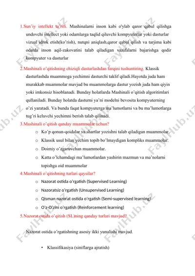 mashinali o‘qitish tushunchalari va regressiya modellari — DOCX