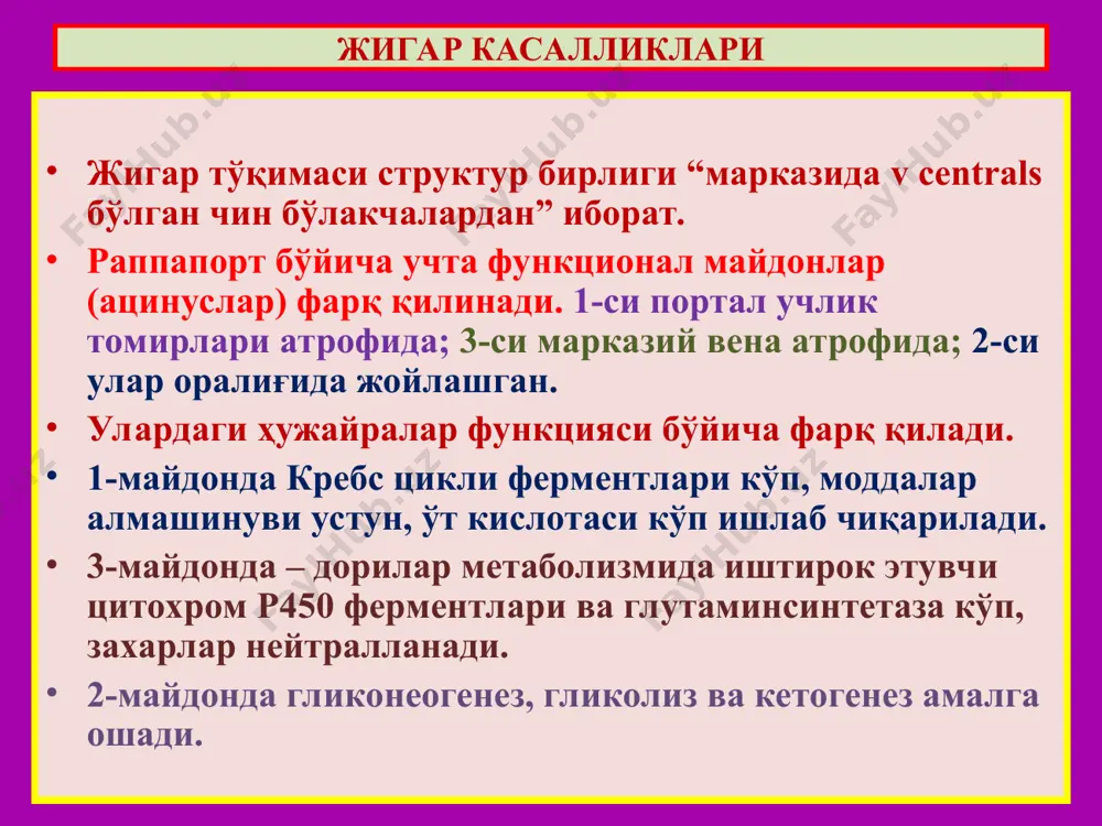 оз – майдатугунли цирроз – атрофик цирроз сабаблари: сурункали гепатит, ёғли гепатоз, алкоголли гепатит, токсик гепатит. морфологияси: жигар атрофияланиб кичиклашган, майда бўлакли (1 см), ранги оқ-сариқ, қаттиқ. постнекротик цирроз – йириктугунли, деформацияли сабаблари: ўткир вирусли гепатит, токсик дистрофия морфологияси: деформацияланган, йирик бўлакли (3 см), ранги оч-жигарранг, кулранг. билиар цирроз – бирламчи ва иккиламчи аралаш цирроз сабаблари: ўт-тош касаллиги, ўсмалар, чандиқлар морфологияси: катталашган, тўқ яшил, аралаш тугунли жигар циррози турлари 1) жигар комаси, энцефалопатия. 2) қизилўнгач ва меъда шиллиқ ости веналари варикоз кенгайиши ва қон кетиши, ўткир постгеморрагик анемия, геморрагик шок. 3) асцит, унинг перитонитга ўтиши. 4) дарвоза венасининг тромбози. 5) циррознинг ракга малигнизацияланиши. жигар циррози асоратлари жигар раки олди жараёнлари: вирусли гепатит с, цирроз, алкоголизм, описторхоз. макроскопик турлари: 1) тугунли, массив, уницентрик рак; 2) кўп тугунли, мультицентрик рак; 3) диффуз рак – “цирроз-рак” микроскопик турлари: 1) гепатоцеллюляр – жигар ҳужайрали рак; 2) холангиоцеллюляр – ўт йўли эпителийси раки; 3) гепато-холангиоцеллюляр …