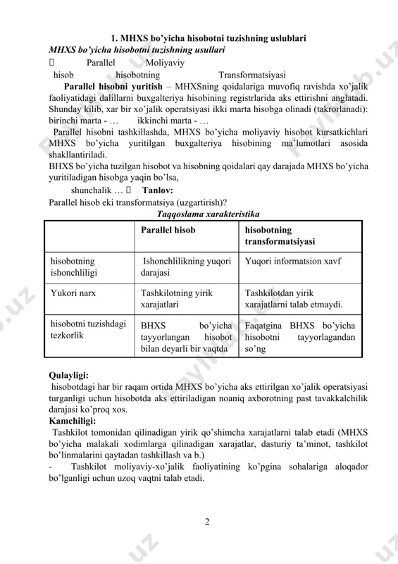 or bo’lganligi uchun uzoq vaqtni talab etadi. hisobotni mhxsga muvofiq tuzilgan hisobotga transformatsiya qilinishi bu – bhxs bo’yicha tuzilgan hisobot ma’lumotlari asosida quyidagilarni o’zgartirish asosida mhxsga muvofiq hisobot tuzish jarayonidir: · tan olish (tasniflash va baholash) va · mhxs talablariga muvofiq holda, buxgalteriya hisobining ob’ektlari haqidagi axborotni ochish 2 xil usulda amalga oshirilishi mumkin: · kompaniyaning o’zi tomonidan; · tashqi mutaxassislarni jalb etgan holda. mhxsning qanday hujjatlari hisobot transformatsiyasi bo’yicha tushuntirishlarni o’z ichiga oladi? javob: tashkilot mhxs bo’yicha birinchi moliyaviy hisobotini tayyorlayotgan sanadan kuchga kirib bo’lgan xamma mhxslarni qo’llashi kerak. mhxsga o’tish quyidagilarning shakllanishini o’z ichiga oladi: 1. hisobot sanasida barcha standart talablariga javob beradigan hisob siyosatining shakllanishi; 2. o’tish sanasida mhxs bo’yicha kirish balansi. 3. mhxs bo’yicha birinchi moliyaviy hisobot tayyorlangan sanadan hech bulmaganda bir yil oldingi yil uchun kiyosiy ma’lumotlar; 4. mhxs bo’yicha birinchi moliyaviy hisobot; 5. mhxsga o’tishning ta’sirini tushuntiradigan qo’shimcha ma’lumotlarni ochish. hisobot transformatsiyasi jarayoni (transformatsiya …