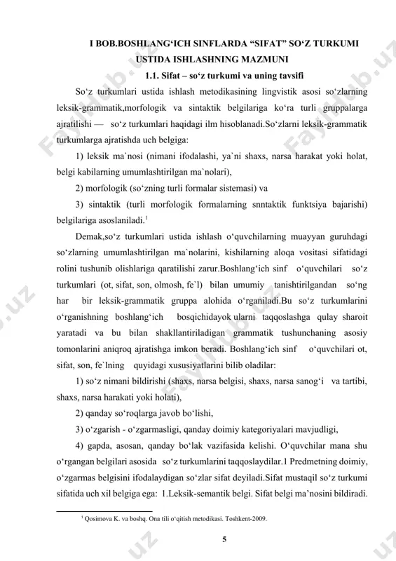 fat ifodalaydigan belgi tushunchasi keng bo‘lib, ma’nosiga ko‘ra bir necha guruhga ajratiladi: a) rang-tus ma’nosini bildiradigan sifatlar: oq, qizil, sariq, havo rang, kul rang, yashil, zangori; b) hajmi ma’nosini bildiradi: keng, tor, baland, past, uzun, chuqur, yirik, mayda; v) shakl va ko‘rinish ma’nosini bildiradi: dumaloq, yassi, egri, qiyshiq, do‘ng; g) maza-ta’m ma’nosini bildiradi: shirin, achchiq, nordon, sho‘r, taxir, chuchmal, bemaza; d) xarakter-xususiyat ma’nosini bildiradi: muloyim, odobli, shirinso‘z, chaqqon, sho‘x, yalqov, dangasa, chechan, qo‘rs, qaysar. xarakter-xususiyat bildiruvchi sifatlar ijobiy yoki salbiy xususiyatlarni ifodalaydi; e) hid ma’nosini bildiradi: sassiq, qo‘lansa, badbo‘y, xushbo‘y, muattar; j) holat ma’nosini bildiradi. holat bildiruvchi sifatlar ikki xil bo‘ladi: 1) psixik holatni ifodalaydi: xursand, xafa, shod, kasal, injiq; 2) tabiiy holatni ifodalaydi: yosh, qari, keksa. sifat belgini bevosita yoki bavosita ifodalaydi.predmetning doimiy belgisini bildiradigan belgini bevosita ifodalaydigan sifatlar asliy sifat deyiladi.sifatning yuqoridagi ma’no turlari sifatni bevosita ifodalaydi.asliy sifatlar belgini darajalab ko‘rsata oladi: katta, kattaroq, eng katta kabi. juft …