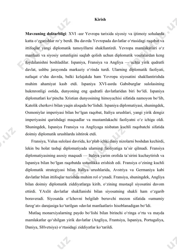 rivojlanishi, ushbu holatlarga mos nazariyani hayotga olib keldi. diplomatik huquq ham rivojlanib bordi. 1582 yili niderlandlik baltozar aayla «urush va harbiy muassasalarning huquqi» deb nomlangan asarini chop etdi. italyanlik alberiko djentilining «elchixonalar to‘g‘risida» (1585) deb nomlangan ishi keng tarqaldi. xalqaro huquq ilmini tadqiqiot qilishda birinchilik gugo grotsiyaga (1583 - 1645) nasib etdi. gollandiyalik huquqshunosning tarixiy ahamiyati mutlaq davlatlar o‘rtasidagi urushlar asrida xususiy mulkning muxofaza qilishni asoslab berishi shu bilan birgalikda urushni huquqiy doiraga kiritishni nazariy jihatdan asoslab berishdan iborat. grotsiyaga shuxrat olib kelgan asar – «urush va tinchlik huquqi borasida» (1625). grotsiy o‘zining asarida elchining huquqlariga ham butun bir bobni bag‘ishlagan. ushbu bob, xvii asrda elchilik huquqlarida shakllangan odatlarni yoritganligi bilan qiziqarli. xvii asrda, nazariy bilimlarni bermaydigan, lekin, elchilarga, ularni o‘z vazifalarini bajarishda qo‘l keladigan amaliy maslahatlar beruvchi asarlar paydo bo‘ldi. urush, o‘sha davr davlatlari tashqi siyosatining asosiy belgilaridan biri edi. xalqaro mojarolarni keltirib chiqadigan sabablar ichida chegaraviy baxslar, sulolaviy …