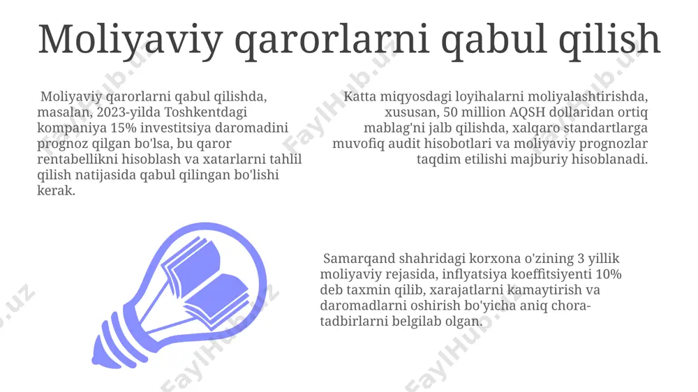 tashkil etadi. xomashyo narxlarining o'zgarishi, masalan, 2023 yilda mis narxining 10% ga oshishi, o'zbekistonning metallurgiya korxonalarida 300 ming dollar qo'shimcha xarajatlarni keltirib chiqarishi mumkin. byudjetlashtirish jarayoni va bosqichlari бюджет параметрларини аниқлашда 5 йиллик прогнозлар, 20% фоизгача ўсиш кўрсаткичлари ва инфляция даражаси ҳисобга олинади. бюджетлаштириш жараёни 3 босқичдан иборат бўлиб, улар режалаштириш (масалан, 2024 йил учун тошкент шаҳридаги корхона учун), бажариш ва натижаларни таҳлил қилишни ўз ичига олади. бюджет тасдиқланишидан сўнг, ҳар чоракда, масалан, март, июнь, сентябрь ва декабрь ойларида, бюджет ижроси бўйича ҳисоботлар тайёрланади ва сурхондарё вилоятидаги филиалларга юборилади. daromadlar va xarajatlarni prognoz qilish qoraqalpog'iston respublikasidagi filiallar uchun 2024-yilgi daromadlarni prognoz qilishda, o'rtacha sotish hajmining 10% ga kamayishi va xom ashyo narxining 5% ga oshishini inobatga olish lozim. andijon viloyatidagi zavodning 2025-yilgi xarajatlar prognozida, yangi uskunalar sotib olishga 2 million aqsh dollari sarflanishi va ish haqi fondining 8% ga o'sishi hisobga olinishi shart. 2023-yil uchun toshkentdagi yirik korxona daromadlarini 15% …