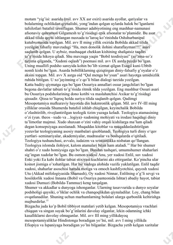 lar)ga moslashtirilgan holda qo’llana boshlagan. bu davrda mixxatlar harftovush bo’g’in yozuvlariga ancha yaqinlashib, shunday yozuvlarning kelib chiqishiga asos bo’lgan. mil. avv i ming yillik oxirlarida mixxatlar o’rnini oromiy yozuvi egallagan. mixxatda bitilgan juda ko’p yodgorliklar–tarixiy yozuvlar, turli rasmiy hujjatlar, og’zaki ijod namunalari, lug’atlar, ilmiy asarlar, diniy matnlar saqlanib qolgan. mixxat mesopotamiya sivilizatsiyasining asosiy ildizi bo’lib, uning barcha jihatlarini birlashtirgan an’analarini saqlab qolish imkoniyatini berdi. mil. avv xxiv asrda ilk batafsil yozilgan shumer matnlari paydo bo’ldi. akkad tili janubiy mesopotamiyada mil. avv iii ming yillikning 2-yarmida paydo bo’ldi. shumer va akkad tillari bir-biridan ko’pgina so’zlarni o’zlashtirib oldi. mil. avv. iii-ming yillikning oxirida qadimgi shumer–akkad lug’atlari tuzilgan. shumer yozuvi keyinchalik shumer–akkad yozuvini butun old osiyo xalqlari o’zlashtirib oldilar. akkad tili (qadimgi shahar akkad nomidan) – maxsus som tillarining eng qadimgisi. ikki dialektga–bobil va ossuriy dialektlariga ega, shu bois, ko’pincha, u bobil-ossuriy tili deb ham ataladi. akkad tilining ham (boshqa som tillari kabi) …