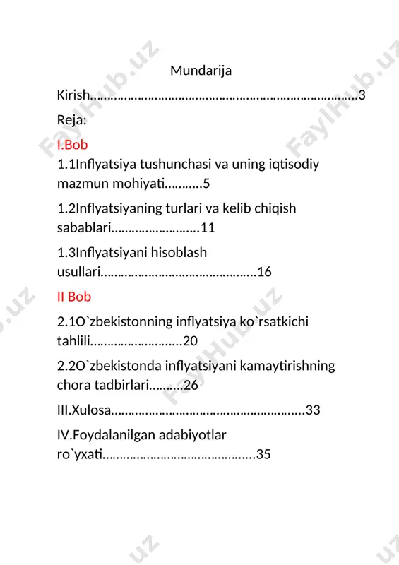 talab va tartibga solinadigan narxlarning liberallashtirilishi bo‘lishi kutilmoqda. bunda davlat korxonalarining isloh qilinishi (sh.j. xususiylashtirishi) doirasida kapital qo‘yilmalar hajmining o‘sishi investitsion faollikni rag‘batlantiruvchi asosiy omil bo‘ladi. bunday ta`sir, avvalambor, umuman dunyo bozoridagi talab va narxlarning keskin tushib ketishida va tabiiyki, mamlakatimiz eksport qiladigan mahsulotlarning muhim turlariga nisbatan hamda eksportga yo`naltirilgan etakchi tarmoqlar va ular bilan bog`liq turdosh korxonalar faoliyatida namoyon bo`lmoqda. bu esa, o`z navbatida, butun iqtisodiyotimizning mutanosib va samarali rivojlanishiga salbiy ta`sir ko`rsatmoqda, ko`zda tutilgan loyihalarni amalga oshirish, o`z oldimizga qo`ygan maqsadlarga erishish yo`lida ko`plab muammolarni tug`dirmoqda. kurs ishining obyekti o`zbekiston respublikasi markaziy banki, statistika davlat qo`mitasi hisoblanadi. kurs ishining predmeti mamlakatimizda yazaga kelayotgan inflyatsiya darajasi, kelib chiqish sabablari hisoblanadi. kurs ishining mavqadi va vazifalari. kurs ishining asosiy maqsadi o`zbekiston respublikasida inflyatsiyaning kelib chiqishini o`rganib, uni bartaraf etish yo`llarini ishlab chiqishdan iborat. kurs ishining maqsadidan kelib chiqb quyidagilar vazifa etib belgilandi: inflyatsiyanig kelib chiqish sabablarini o`rganish chiqish; inflyatsiyani hisoblash …
