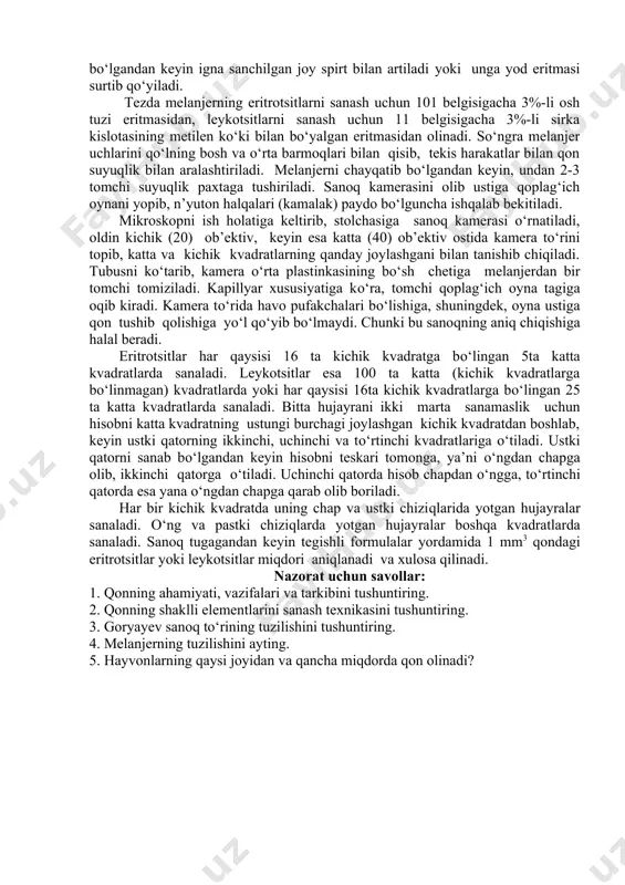 r.melanjerlarning kapillyar qismida 0,5 va 1 raqamlari, kengaymaning orqasida esa 101 yoki 11 raqamlari yozilgan bo‘ladi. 101 belgili melanjer eritrotsitlarni sanash uchun, 11 belgilisi esa leykotsitlarni sanash uchun mo‘ljallangan. melanjerga mundshtukli rezina naycha kiygizilgan bo‘ladi. ishni bajarish tartibi: qonning shaklli elementlarini sanash uchun hayvonlardan qon olinadi. qon olishda aseptika va antiseptika qoidalariga to‘liq rioya qilish shart. laboratoriya tekshirishlari uchun hayvonlarning quloq suprasini tashqi yuzasidagi vena tomiridan va tovuqlarning tojidan oz miqdorda qon olinadi. qon olish tartibi. qon olinadigan joyning juni qaychi bilan kalta qilib olinadi. teri avvalo spirt, keyin esa efir bilan paxta yordamida artiladi. unga igna sanchiladi. chiqqan birinchi qon tomchisi paxta bilan artib tashlanadi. ikkinchi qon tomchisidan esa melanjerning 0,5 belgisigacha qon so‘rib olinadi. qonni olib bo‘lgandan keyin igna sanchilgan joy spirt bilan artiladi yoki unga yod eritmasi surtib qo‘yiladi. tezda melanjerning eritrotsitlarni sanash uchun 101 belgisigacha 3%-li osh tuzi eritmasidan, leykotsitlarni sanash uchun 11 belgisigacha 3%-li sirka …