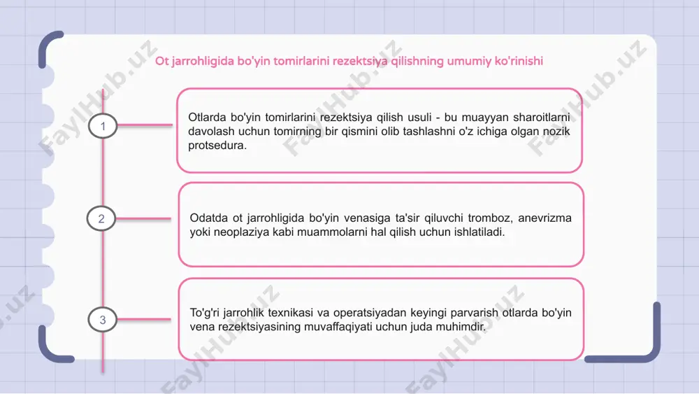 bo'yin venasini rezektsiya qilish texnikasi chuqur jarrohlik mahorati va aniqligini talab qiladi. ushbu nozik protsedura davomida otli bemorning xavfsizligi va farovonligini ta'minlash uchun anestezikani boshqarish juda muhimdir. har qanday asoratlarni erta aniqlash uchun yurak urishi va nafas olish tezligi kabi hayotiy belgilarni to'g'ri kuzatish juda muhimdir. bundan tashqari, operatsiya davomida behushlik darajasini etarli darajada ushlab turish otning qulayligi va barqarorligi uchun juda muhimdir. jarrohlik guruhi va veterinariya anesteziologi o'rtasidagi hamkorlik otlarda bo'yin tomirlarini rezektsiya qilish operatsiyalarida muvaffaqiyatli natijalarning kalitidir. ehtiyotkorlik bilan rejalashtirish va tafsilotlarga e'tibor berish bilan ushbu protsedura xavfsiz va samarali bajarilishi mumkin. 1 2 3 jarayon uchun jarrohlik asboblari va jihozlari otlarda bo'yin tomirlarini rezektsiya qilish texnikasi maxsus jarrohlik asboblari va jihozlaridan foydalanishni o'z ichiga oladi. ushbu asboblar va jihozlar bo'yin venasining segmentini aniq va samarali olib tashlash uchun ehtiyotkorlik bilan tanlangan. jarayon asoratlar xavfini minimallashtirgan holda rezektsiyani xavfsiz bajara oladigan malakali jarrohni talab qiladi. bo'yin venasini aniqlash …