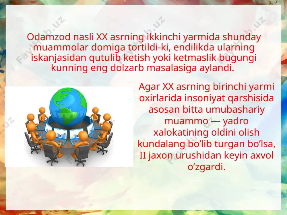 at» munosabatlariga esa xom-ashyo resurslarini tejash, aholini oziq—ovqat va ichimlik suvi bilan ta’minlash, tabiatni muxofaza qilish kabi muammolar kiradi. bu guruh muammolar ijtimoiy omillar tasirida vujudga keladi, ularni xal qilishda esa ijtimoiy omillarning urnini va ahamiyatini tug’ri anglagan xoldagina masalaning tub mohiyatini tushunish mumkin. ham ijtimoiy, ham tabiiy omillar asosida yuzaga chiqadigan umumbashariy (global) muammolar bir butunlikni tashkil etib, ularga har tomonlama (kompleks) yondashish kerakligini xayotning o’zi taqozo etmoqda. bunday bashoratlar diniy mazmunga asoslangan bo’lib, o’z davri uchun katta ahamiyat kasb etgan edi. «avesto»da zardusht ulimidan sung 3000 yil utgandan keyin, erkin farovonlik zamoni keladi, axura mazda qudrati axriman yovo’zliki ustidan tula galaba qozonadi, deya ishonch bildirilgan edi. ikkinchi xil bashoratlar o’rta asrlarda keng tarqalgan, hozirda ham garb mamlakatlarida keng shuxrat qozonayotgan bir qator garb futurolog’iyasi mazmuniga ega. g’arb futurologiyasining mashhur namoyandalaridan fon garman, ye. shervin, g. gan va boshqalar insoniyatning kelg’usi istiqbolini, asosan, yadro xalokati yoki boshqa bir umumbashariy …