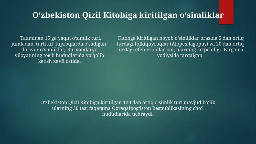 ning noyobligi tufayli qizil kitobga kiritilgan. qizil kitobga kiritilgan baʼzi dorivor oʻsimliklarning dori vositalarida qoʻllanilish salohiyati yuqori boʻlib, 20 dan ortiq faol moddaga ega va bu ularni tibbiyotda muhim qiladi. oʻzbekistonning buxoro va xorazm viloyatlarida 5 ga yaqin turdagi noyob “dorivor oʻsimliklar” turlari mavjud boʻlib, ularning tabiiy yashash joylarining kamayishi ularning yoʻqolib ketish xavfini oshiradi. qimmatli yogʻli oʻsimliklar qimmatli yogʻli oʻsimliklarning 10 dan ortiq turi oʻzbekistonning janubiy hududlarida, xususan, surxondaryo va qashqadaryo viloyatlarining togʻli va choʻl mintaqalarida uchraydi, ularning ba’zilari 500 dan kam individ bilan chegaralangan. oʻzbekiston qizil kitobiga kiritilgan qimmatli yogʻli oʻsimliklarning 25% dan koʻprogʻi oʻsimliklarning tabiiy yashash joylarining yoʻqolishi va antropogen ta’sirlar tufayli yoʻqolib ketish xavfi ostida. oʻzbekiston qizil kitobiga kiritilgan qimmatli yogʻli oʻsimliklarning 25% dan koʻprogʻi oʻsimliklarning tabiiy yashash joylarining yoʻqolishi va antropogen ta’sirlar tufayli yoʻqolib ketish xavfi ostida. noyob va endemik oʻsimliklar taxminan 30 ga yaqin noyob va endemik oʻsimlik turi, jumladan, amu daryo havzasida uchraydigan …