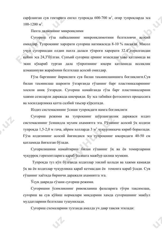 амайтириш нормасини эса кўпайтириб 1000-1200 м3 га етказиш керак. суғоришда эгатлар чуқурлигини ернинг нишаблиги, агат ўзунлиги, оқаётган сув миқдори, тупроқнинг нам сидириш қобилияти, қум ёки шағал қатламининг қандай чуқурликда жойлашганлиги, сувдвн фойдаланиш коэффициентини оширишда жуда қатта ахамиятга эга. эшатга қўйиладиган сув оқимини тўғри танлаш учун чимдан, қогоз ва полиэтилен салфеткалардан фойдаланиш зарур. суғориш муддатини туғри белгилаб ўз вақтида ўтказилса хамда танг даражасидан пастга тушишга йўл қўйилмаса хосил элементлари тўкилиб кетмайди ва мўл хосил олинади. суғориш муддатини ўсимликнинг физиологик холатига қараб белгилаш. холатига қараб белгилаш гуллаш-хосилга кириш фазаси мўл хосил тўплашнинг масъулиятли вақтидир. шунинг учун бу даврда ўсимлик сув билан етарли таъминланишини кўзатиб бориш айниқса зарурдир. тупроқда нам камайса хужайра ширасининг тўпланиши шунга мувофиқ равишда кўпаяди ва баргининг сўриш кучи тупроқдаги нам ўсимликка келмай ошиб боради. тадқиқотлар, гуллаш даврида хужайра ширасининг тўпланиши 8 га етганида сув етишмовчилиги кўзатилиши ва навбатдаги суғориш амалга ошириш зарурлигини кўрсатади. хужайра ширасини тўпланишини қўл рефлектометри билан …
