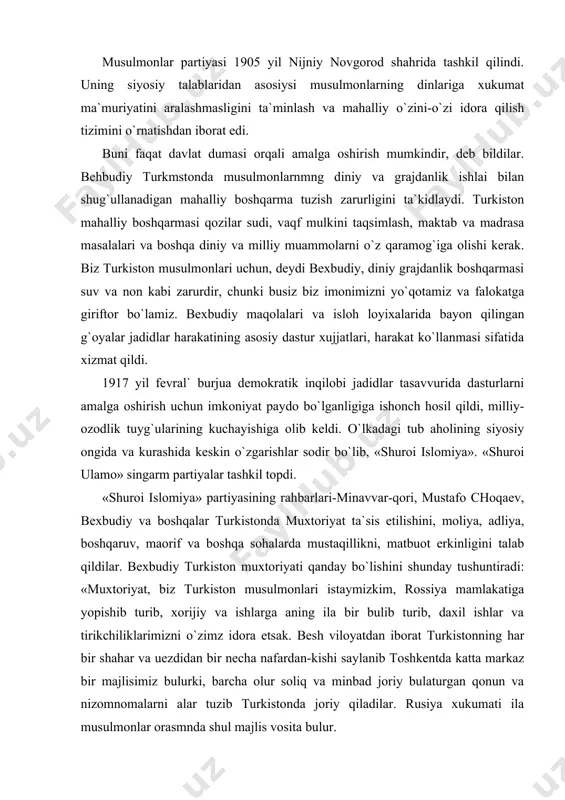 maorif va boshqa sohalarda mustaqillikni, matbuot erkinligini talab qildilar. bexbudiy turkiston muxtoriyati qanday bo`lishini shunday tushuntiradi: «muxtoriyat, biz turkiston musulmonlari istaymizkim, rossiya mamlakatiga yopishib turib, xorijiy va ishlarga aning ila bir bulib turib, daxil ishlar va tirikchiliklarimizni o`zimz idora etsak. besh viloyatdan iborat turkistonning har bir shahar va uezdidan bir necha nafardan-kishi saylanib toshkentda katta markaz bir majlisimiz bulurki, barcha olur soliq va minbad joriy bulaturgan qonun va nizomnomalarni alar tuzib turkistonda joriy qiladilar. rusiya xukumati ila musulmonlar orasmnda shul majlis vosita bulur. o`zimizning muxofazatimiz uchun milliy jandarma, askarimmiz bulur. mamlakat xazinasidan boshqa milliy va madaniy ishlarimizning masrafi uchun o`zimmizning aloxida xazinamiz bo`lur. maktab va madrasalarimiz , vaqf va doril kazolarimiz o`z karamog`imizda bulur. xulosa kalom davlat va siyosat ishlaridan boshqa barcha ishlarimiz o`z ixtiyorimizda bulur va buning uchun zamonaviy va madaniy nizomnoma va qonunnomalarni tahrir etmoq lozimdur. turkistonda rus, yaxudiy, armani va boshqalar bo`lib, alar ila muomalamiz tug`risida yana …