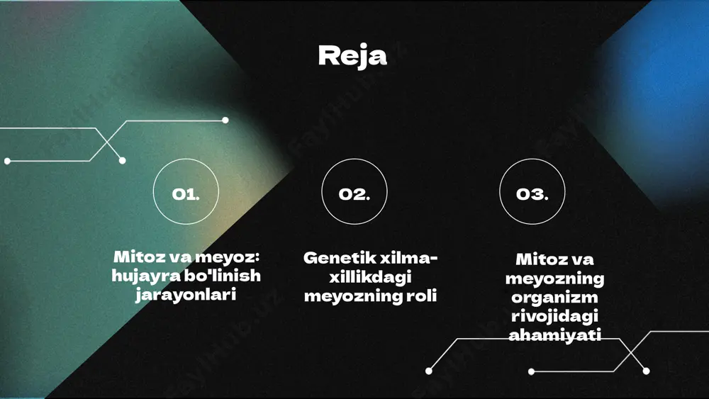 nchi meyozda esa buni amalga oshirish imkoniyati yo'q. bu farqlar jinsiy reproduksiyaning genetik xilma-xilligini ta'minlashda muhim rol o'ynaydi. photo by altumcode on unsplash mitoz va meyoz: farqlari va o'xshashliklari mitoz va meyoz jarayonlari mitoz jarayonida 1 hujayra 2 yangi hujayraga bo'linadi, meyozda esa 1 hujayra 4 yangi hujayraga bo'linadi. bu jarayonda hujayra bo'linishi va genetik materialning taqsimlanishi sodir bo'ladi, lekin natijalar bir-biridan farq qiladi. duplicatsiya jarayonlari mitozda genetik material bitta duplicatsiya qilinadi va xromosomalar teng taqsimlanadi. meyozda esa, genetik material 2 marta duplicatsiya qilinadi, va xromosomalar birinchi va ikkinchi bo'linish jarayonida turlicha taqsimlanadi. o'xshashliklar har ikkala jarayonda hujayra bo'linishi va genetik materialning taqsimlanishi mavjud. mitoz va meyozda xromosomalar bo'linadi, bu esa yangi hujayralarning shakllanishida muhim rol o'ynaydi. farqlar mitozda 2 yangi diploid hujayra, meyozda esa 4 yangi haploid hujayra hosil bo'ladi. mitoz jarayoni odatda hujayra yangilanishi uchun, meyoz esa jinsiy reproduktsiya uchun zarurdir. mitoz va meyozning biologik ahamiyati mitoz: o'simliklar …