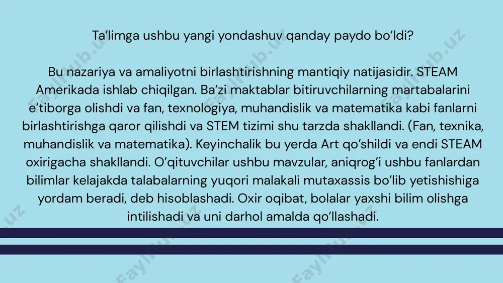 o‘qituvchidan tajriba va pedagogik mahoratni shuningdek puxta o‘zlashtirilgan bilimni talab etadi. chunki o‘qituvchi ushbu ta’lim texnologiyasini darsda qo‘llash jarayonigacha bo‘lgan vaqtda ushbu darsni rejalashtirgan va loyihalashtirgan bo‘lishi lozim. texnologiya darsini tashkillashtirish jarayonida o‘qituvchi mavzu doirasida darslikda berilgan ma’lumotlardan tashqari o‘zi ham ma’lumot yig‘ishi, to‘plangan ma’lumotlarni matematika, tabbiyot, san’at (boshlang‘ich sinfda tasviriy san’at va musiqiy ta’lim) fanlarida berilgan mavzular bilan integratsiyalashi zarurdir. o‘z-o‘zidan ko‘rinadiki, o‘qitilishga mo‘ljallangan barcha mavzularni o‘qitish integratsiya talab qiladi. istagan yo‘nalishda istagan mavzuni o‘qitishda qaysi fanlar asosida integratsiyalashni bilish va darslarni shu asosda tashkil qilish muhimdir. texnologiya darsida rangli qog‘oz bilan ishlashda biz steam yondashuvdan o‘rinli foydalansak bo‘ladi. bunda dastlabki mavzulardanoq o‘quvchilar qog‘ozning ishlab chiqarishdagi ahamiyati, uning qanday paydo bo‘lgani bilan tanishadilar. rangli qog‘ozdan qush, origami usulida kit, qog‘ozni buklash orqali chumoli maketlarini yasash jarayonida o‘quvchilarda tabiatga qiziqish, hayvonot olami haqida tushunchalar, havoda, suvda va quruqlikda yashovchi jonzotlar bilan tanishadilar. o‘quvchilar eng avvalo qog‘ozning xitoyda ishlab chiqarilgani bilan …