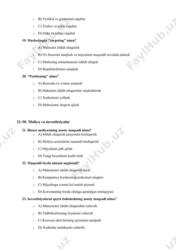 arni boshqarish b) o'zini o'zi ish bilan ta'minlash c) yangi mahsulot yoki xizmat yaratish orqali daromad olish d) tashkilotlar o'rtasidagi raqobatni kamaytirish 33.tadbirkorlik faoliyatining asosiy xususiyatlari qaysilar? a) riskni qabul qilish va yangi imkoniyatlar izlash b) faoliyatda faqat katta tashkilotlarni yaratish c) faqat vaqtni sarflash d) faqatgina pul ishlash 34.innovatsiya - bu qanday jarayon? a) yangi mahsulot yaratish va uning foydasini maksimal darajada oshirish b) yangi g'oyalar va texnologiyalarni ishlab chiqish va ularni amaliyotga joriy etish c) mahsulotni reklama qilish d) faqat yangi xizmat ko'rsatish 35.tadbirkorning muvaffaqiyati uchun qaysi omillar muhimdir? a) mahsulotning sifatini ta'minlash va bozorni o'rganish b) faqat reklama qilish c) xodimlar sonini ko'paytirish d) boshqa kompaniyalarni yengish 36.tadbirkorlikda “risk” tushunchasi nima anglatadi? a) yangi mahsulot yaratishdan oldin bozorni o'rganish b) foyda olishdan oldin muvaffaqiyatsizlikka uchrash ehtimoli c) tashkilotda xodimlarni ishga olish d) yangi texnologiyalarni o'rganish 37.tadbirkorlik faoliyatida qaysi tushuncha “bozorni tahlil qilish”ga tegishlidir? a) mahsulot yaratish va …