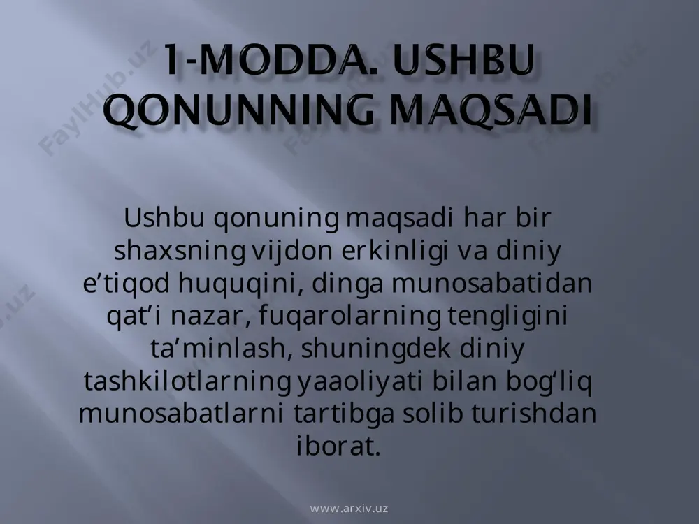 n keyin qabul qilinadi. diniy o‘quv yurtlarida diniy fanlarni o‘qitayotgan shaxslar diniy ta’lim olgan bo‘lishlari va o‘z faoliyatlarini tegishli markaziy boshqaruv organining ruxsati bilan amalga oshirishlari lozim. xususiy tartibda diniy ta’lim berish man etiladi. www.arxiv.uz www.arxiv.uz diniy tashkilotning ustavi quyidagi ma’lumotlarni o‘z ichiga olgan bo‘lishi kerak: diniy tashkilotning nomi, turi, joylashgan manzili, qaysi dinga mansubligi; maqsadi, vazifalari va faoliyatining asosiy turlari; faoliyatni tashkil etish va tugatish tartibi; tuzilishi va boshqaruv organlari; mablag‘lari manbai hamda ushbu tashkilot ichidagi, shuningdek undan tashqaridagi mulkiy munosabatlar; ustavga o‘zgartishlar va qo‘shimchalar kiritish tartibi; ushbu diniy tashkilotga taalluqli boshqa ma’lumotlar. markaziy boshqaruv organlariga ega bo‘lgan diniy tashkilotlarning ustavlari mazkur boshqaruv organlari bilan kelishilgan bo‘lishi kerak. www.arxiv.uz www.arxiv.uz diniy tashkilotlarning markaziy boshqaruv organlarini ro‘yxatga olish o’zbekiston respublikasi adliya vazirligi tomonidan, boshqa diniy tashkilotlarni esa tegishli ravishda qoraqalpog‘iston respublikasi adliya vazirligi, viloyatlar, toshkent shahar adliya boshqarmalari tomonidan o’zbekiston respublikasi vazirlar mahkamasi huzuridagi din ishlari bo‘yicha qo‘mita bilan kelishilgan …