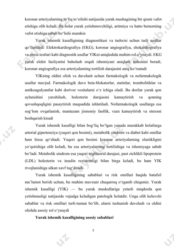 him rol o‘ynaydi. agar oilada yurak-qon tomir kasalliklari bo‘lgan bo‘lsa, unda boshqa a’zolar ham shu kasallikka chalingan bo‘lishi ehtimoli yuqori. genetik omillar yurak mushaklarining strukturasi, qon tomirlarining elastikligi va metabolizm jarayonlarini ta’sir qilishi mumkin. shuningdek, genetik omillar orqali organizmning yog‘ almashinuvi va qon bosimi tartibga solinishi ham ta’sir qilishi mumkin irsiy moyillik bilan birga, ba’zi genetik mutatsiyalar ham yurak ishemik kasalligiga olib kelishi mumkin. masalan, ldl holesterin darajasini boshqarishga oid genlar buzilishi natijasida yuqori holesterin darajasi rivojlanishi mumkin. bu esa arteriyalarda yog‘ birikmalarini shakllantirib, koronar arteriya kasalliklariga olib keladi yurak ishemik kasalligining boshqa risk omillari yuqori qon bosimi (arterial gipertenziya) — bu yurak ishemik kasalligining yana bir asosiy risk faktoridir. qon bosimining uzluksiz ko‘tarilishi koronar arteriyalarga qo‘shimcha yuklama beradi va ularda elastiklikning yo‘qolishiga olib keladi. natijada, arteriyalar devorlari qalinlashib, qon oqimi chegaralanadi. bu holat miokard ishemiyasini chaqirib chiqarishi mumkin diabet ham yurak ishemik kasalligining katta risk faktoridir. diabet bilan og‘rigan …