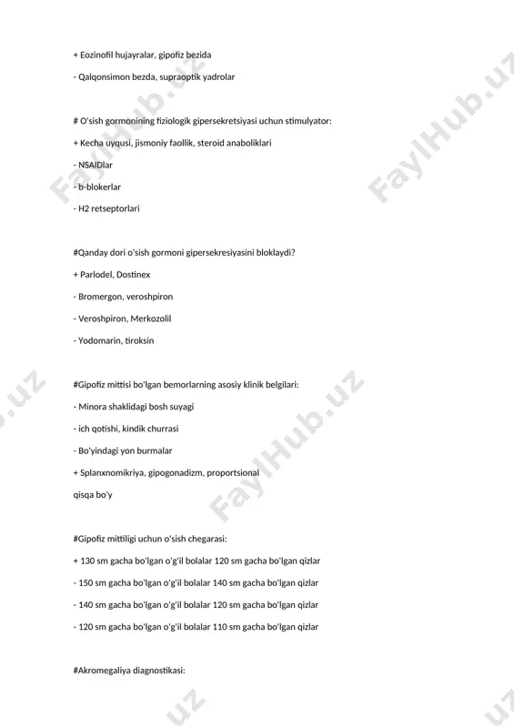 h maydonlari o'zgarmaydi #adenohipofizda qanday gormonlar ishlab chiqariladi? - insulin va kortizol + tsh va acth - sth va paratiroid gormoni - vazopressin va oksitotsin #gipofiz mitti o'g'il bolalarda jinsiy rivojlanishning kechikishida qo'llaniladigan dori: - glutamik kislota - l-tiroksin + xorionik gonadotropin - somatotropin # gipofiz mitti diagnostikasi mezonlari: + o'sishning kechikishi, o'sish zonalarining kech yopilishi - qalqonsimon bezning kengayishi - oy yuzi - tendon reflekslarining kuchayishi, kramplar #gipofiz mittiligi bilan ichki organlarning o'zgarishi: - qalqonsimon bezning kengayishi - ekzoftalmos + yurak, buyrak, o'pka hajmini kamaytirish - buyrak, o'pkaning kengayishi #gipofiz bezi qanday qismlardan iborat? + old, orqa - adenohipofiz - yuqori, pastki - pastki, old #voyaga yetgan odamning gipofiz bezining massasi: - 1,5-2 gr - 0,6-0,9 gr + 0,5-0,7 gr - 0,2-0,4 gr #qanday o'sish tanqisligi tashxisi qo'yiladi - nanizm? - 15% dan ortiq + 20% dan ortiq - 25% dan ortiq - 10% dan ortiq #ibtidoiy nanizmning o'ziga …
