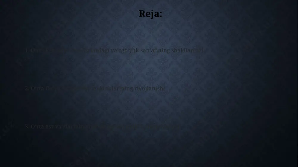 , masalan, naʼtlar va marsiyalar, hozirgi kunda ham oʻzbek, tojik va qozoq adabiyoti va folklorida badiiy ifoda vositalari sifatida oʻz aksini topmoqda. moʻgʻul istilosi va uning vaʼzgoʻylikka taʼsiri 13-asrda moʻgʻullar istilosi samarqand va buxoro kabi yirik shaharlardagi masjidlarda vaʼzgoʻylik anʼanalariga jiddiy taʼsir koʻrsatib, yangi mavzular va nutq uslublarini olib keldi. chingizxon va uning avlodlari tomonidan qoʻllanilgan siyosat tufayli, 1221 yildan keyin moʻgʻuliston va markaziy osiyo oʻrtasidagi madaniy almashinuv natijasida vaʼz uslublarida yangi elementlar paydo boʻldi. moʻgʻul hukmronligi davrida (13-15-asrlar) turkiy tillardagi vaʼzlarning keng tarqalishi kuzatildi, bu esa arab tilidagi anʼanaviy vaʼzlar bilan birga mavjud boʻldi. xorazm va maverannahrda vaʼzgoʻylik maktablari xorazm va maverannahrdagi 10-12-asrlarga oid manbalarda 20 dan ortiq mashhur vaʼzgoʻy shaxslari va ularning xususan buxoro, samarqand va urganchdagi faoliyatlari haqida maʼlumotlar mavjud. 15-asrga kelib, xorazm va maverannahrda vaʼzgoʻylik sanʼati turli adabiy janrlar, jumladan, nasriy va nazmiy asarlar orqali rivojlanib, yangi uslublarni oʻzlashtirgan. maverannahrdagi vaʼzgoʻylik maktablari, taxminan 3 ta asosiy …