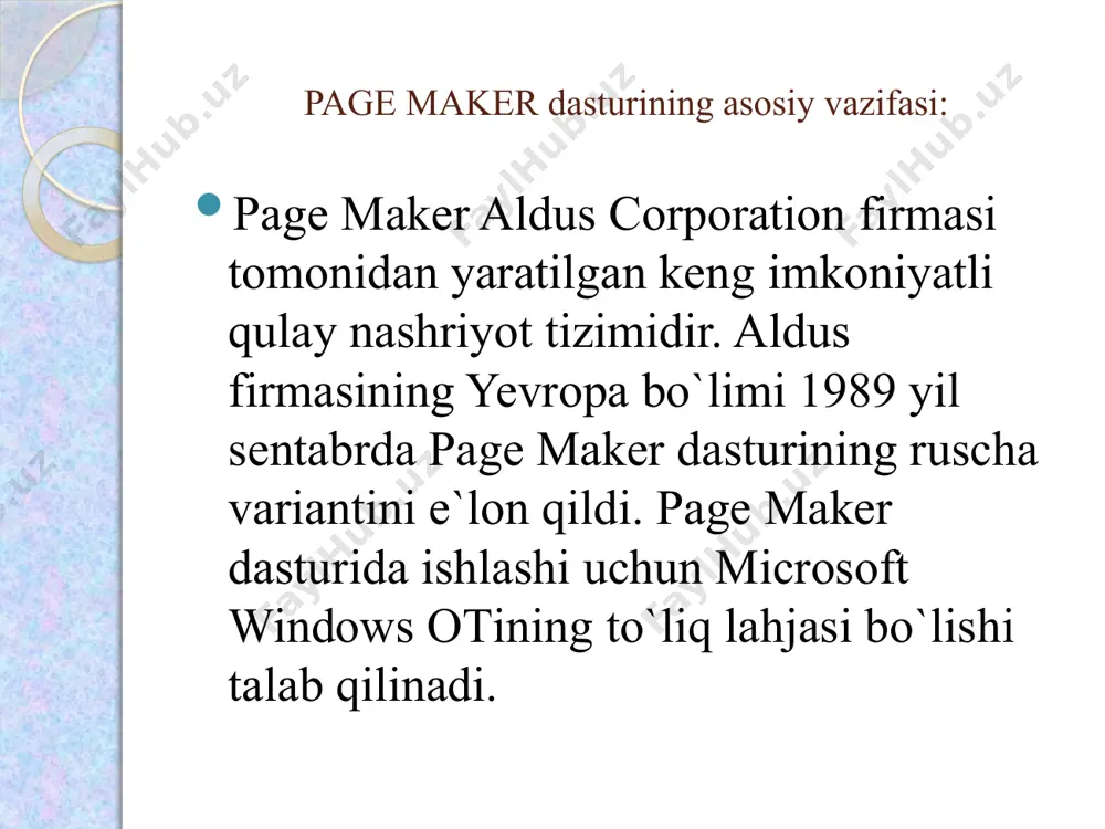 arni va abzaslarni formatlashdir. matnni formatlash uchun avval formatlanadigan matn qismini ajratish kerak. matn qismini ajratish uchun, matn bo`ylab i-kursorni siljitib bitta simvoldan tortib matnning hammasigacha ajratish mumkin. abzasni ajratish uchun abzas ustida «matn» asbobi bilan sichqoncha knopkasi 3 marta bosiladi. simvollarni formatlash matn muharrirlarida ishlatiladigan shriftlaming turlari ko`p. ular shrift garnituralari deb ataladi va har bir garnituraning nomi bor. page maker dasturida simvollarni formatlash vaqtida shrift garniturasining nomini, shriftning kattaligi - kengligini, satrlar orasidagi masofa - interlinyajni va simvollarning yozilishi turlarini, simvollar kengligini o`rnatish va simvollar orasidagi masofani kerning va treking yordamida o`zgartirishimiz mumkin. abzaslarni formatlash abzasni formatlash atributlarini o`rnatish uchun paragraph ipecification (abzas parametrlari) muloqot oynasidan foydalanamiz. muloqot oynasini ochish uchun type (matn) tavsiyanomasining paragraph (abzas) buyrug`ini ishga tushiramiz yoki ctrl+m klaviaturalar kombinatsiyasidan foydalanamiz. tavsiyanoma yordamida abzasni formatlash uchun type(matn) tavsiyanomasining alignment (выключка) ost tavsiyanomasidan foydalanamiz. page maker vositalari yordamida rasm chizish. tugma kalvishlar kombinatsiyasi ellips shift+f3 to`g'ri …