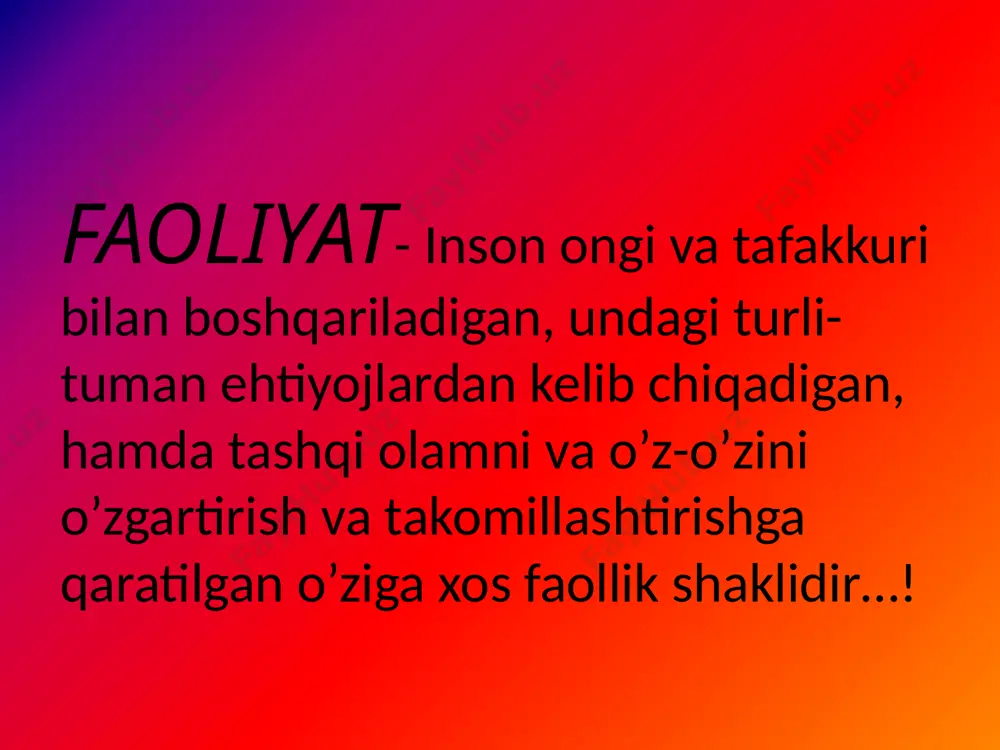 uchun eng muhim sifat hisoblanuvchi onglilik faoliyat jarayonida tarkib topadi va shu jarayonda rivojlanib, takomillashib boradi. mehnat faoliyatida ong yuzaga keladi, o’z navbatida, ong odamning ishlab chiqarish faoliyatini yanada unumli va mahsuldor qiladi. shu tariqa faoliyat inson ongi rivojiga, inson ongi esa faoliyat ravnaqiga ta’sir ko’rsatadi. shuning uchun insonning ongi uning faoliyati bilan hamma vaqt uzviy aloqadadir. inson ongi bilan faoliyati o’rtasidagi doimiy aloqa ong bilan faoliyat birligi tamoyiliga asos hisoblanadi. faoliyatning tuzilishi tashqi faoliyat shaxsni o’rab turgan tashqi muhit va undagi narsa va hodisalarni o’zgartirishga qaratilgan faoliyat ichki faoliyat sof psixologik jarayonlardan kelib chiqadi. faoliyat turlari; o’yin muloqot o’qish mehnat o’yin faoliyati o’yin faoliyati yoshlik davriga - bolalikka xos faoliyat turi hisoblanadi. faoliyatning bu turi katta yoshdagi odamlarda ham bor. lekin katta odamlarda o’yin faoliyatining mohiyati boshqachadir. bolalikka xos o’yin faoliyati bola shaxsini aqliy va jismoniy jihatdan kamolga yetkazuvchi g’oyat muhim vositadir. o’yin jarayonida bolaning ruhiy olamida jiddiy o’zgarishlar …