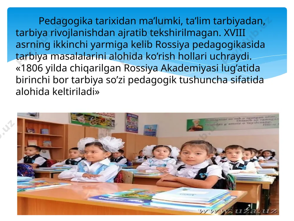 a qabul qilingan axloqiy normalarga bo’ysunish va o’zgalarning nafratini qo’zg’atadigan hatti harakatlardan o’zini tiya bilish. adolat - hayotiy masalalarni axloqiy va huquqiy normalarni rioya etgan holda hal etishdir tarbiya jarayoniga, milliy ma’naviyatimizga, mafkuraga oid tushunchalar metod- yunoncha atama bo’lib- aynan nimagadir yo’l, usul orqali maqsadga erishish yo’lini bildiradi. metod, ya’ni usul axborotni uzatish va qabul qilish xarakteriga qarab: so’z orqali ifodalash usuli. ko’rgazmalik usuli. amaliy, namuna usuli. rag`batlantirish va jazo usuli. so`z orqali ifodalash usuli maslahat bеrish ma'lumotlarni eshitish orqali qabul qilish hikoya suhbat ma'ruza ko`rgazmalilik usuli kinofilmlar tasviriy san'at badiiy san'at, grafika va boshqa ko`rish orqali tarbiyalash usullari amaliy, namuna usuli tarbiya ma'lumotlarini amaliy mеhnat harakatlari orqali bеrish o`rnak ko`rsatish o`zgalar hayotini, mеhnatini, tajribasini misol qilib ko`rsatish rag`batlantirish o`quvchining zimmasiga mas'uliyatli vazifa yuklash maqtash (ota-onalar hamda o`quvchilar jamoasi oldida) maqtov yorlig`i bilan taqdirlash estalik sovg`asini bеrish (badiiy kitob va o`quv qurollari) fotosuratini hurmat taxtasiga qo`yish maxsus stipеndiyalar tayinlash jamoa …