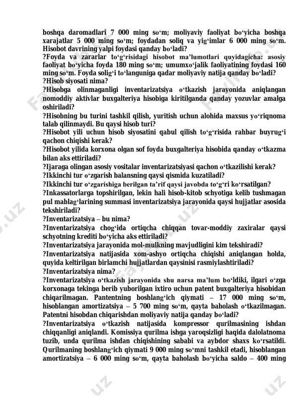 lteriya balansi aktivining moddalari quyidagicha (ming so‘mda): binolar 125000; tayyor mahsulot 256050; hisobraqamdagi pul mablag‘lari 155050; kapital qo‘yilmalar 85800. korxonaning uzoq muddatli aktivlari nimaga teng? ?foiz ko‘rinishidagi xarajatlar qaysi xarajat tarkibiga kiradi? ?foyda va zararlar to‘g‘risidagi hisobot bo‘yicha quyidagi ma’lumotlar mavjud: sotishdan sof tushum 120 570 ming so‘m; tannarx 80 570 ming so‘m; davr xarajatlari 20 000 ming so‘m: sotish xarajatlari 3 800 ming so‘m; ma’muriy xarajatlar 7 200 ming so‘m; boshqa operatsion xarajatlar 9 000 ming so‘m; asosiy faoliyatning boshqa daromadlari – 3 000 ming so‘m; moliyaviy faoliyatning boshqa daromadlari 7 000 ming so‘m; moliyaviy faoliyat bo‘yicha boshqa xarajatlar 5 000 ming so‘m; foydadan soliq va yig‘imlar 6 000 ming so‘m. hisobot davrining yakuniy moliyaviy natijasi qanday bo‘ladi? ?foyda va zararlar to‘g‘risidagi hisobot bo‘yicha quyidagi ma’lumotlar mavjud: sotishdan sof tushum 120 570 ming so‘m; tannarx 80 570 ming so‘m; davr xarajatlari 20 000 ming so‘m: sotish xarajatlari 3 800 …