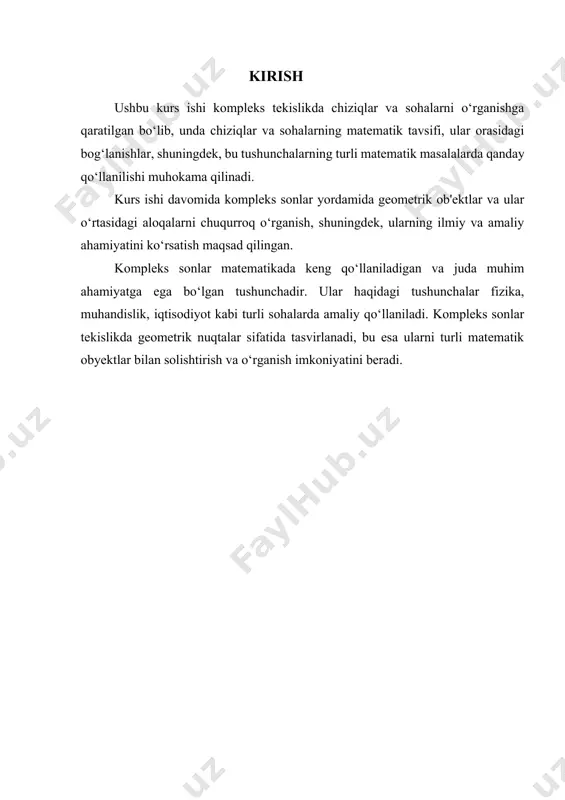 nda barcha haqiqiy sonlarning geometrik tasviri absissalar o‘qini, barcha sof mavhum sonlarning geometrik tasviri ((0,0) nuqtadan farqli) esa ordinatalar o‘qini ifodalaydi. shuning uchun absissalar o‘qini haqiqiy o‘q, ordinatalar o‘qini mavhum o‘q deyiladi. xoy tekislikning har bir nuqtasi kompleks sonni ifodalaganligi uchun shu tekislikni kompleks tekislik deyiladi va c harfi bilan belgilanadi. egri chiziq geometriyaning dastlabki, ayni paytda muhim tushunchalaridan biri bo‘lib, uni tekislikda nuqtaning uzluksiz harakati natijasida qoldirgan izi deb qarash mumkin. harakatdagi nuqtaning koordinatalarini x va y deyilsa, ravshanki, ular biror t o‘zgaruvchining uzluksiz funksiyalari bo‘ladi; ayni paytda juftlik kompleks sonni ifodalagani sababli, uni ko‘rinishda yozish mumkin. unda kompleks son haqiqiy o‘zgaruvchi t ga bog‘liq bo‘lib, haqiqiy argumentli kompleks qiymatli funksiyaga ega bo‘lamiz. ravshanki, t o‘zgaruvchi segmentda o‘zgarganda funksiyaning qiymatlari c da o‘zgarib, biror egri chiziqni tashkil etadi. shu sababli funksiyaga egri chiziqning parametrik tenglamasi deyiladi. bunda egri chiziqning boshlang‘ich nuqtasi, esa egri chiziqning so‘nggi (oxirgi) nuqtasi bo‘ladi. agar …