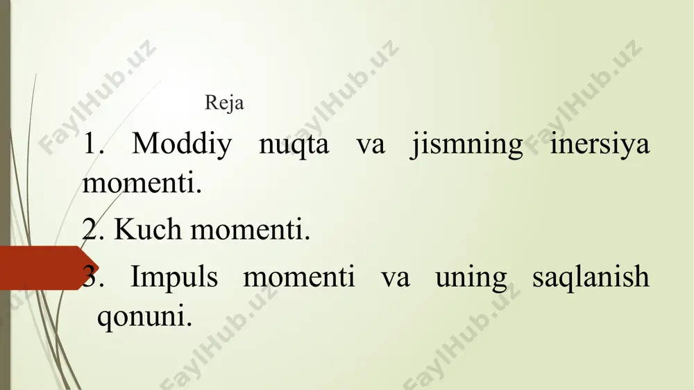 formulamiz quyidagi ko'rinishni oladi. =0 agar o‘zgarmas kattalikning hosilasigina nolga teng bo‘lishini nazarda tutsak =const bu — impuls momentining saqlanish qonunidir. yopiq sistemada impuls momenti saqlanadi, ya’ni vaqt o‘tishi bilan o'zgarmaydi.impuls momentining saqlanish qonuni tabiatning fundamental qonunidir nazorat savollar: aylanma harakatga misollar keltiring. kuch momenti deb nimaga aytiladi? inersiya momenti deb nimaga aytiladi? adabiyotlar. 1. q.p.abduraxmanov, v.s.xamidov, n.a.axmedova. " fizika" darslik. toshkent. 2018 y. (46-57 b) 2.абдурахманов к.п, эгамов у. “физика” дарслик, тошкент, 2010. (27-38 b) link to the video: 1. https://youtu.be/rzci5czj-7c?si=gqia6-9yl3sfanxj 2. https://youtu.be/nbv1157v7cq?si=hyqyqhpirpgq7bgg e’tiboringiz uchun rahmat image1.png image2.gif image3.jpeg image4.jpeg image5.jpeg image6.gif image2.png image3.png image7.gif image8.gif image9.gif image10.gif image11.gif image5.png image6.png image70.png /docprops/thumbnail.jpeg
