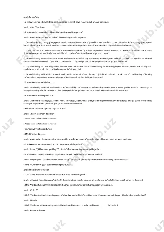 ketma-ketlik bilan jihozlash uchun qaysi rejimdan foydalaniladi? javob: "slide sorter" 38.power point dasturida slaydlarning o’rnini almashtirish uslubini o’rnatishda va namoyish vaqtini belgilash uchun qaysi rejimdan foydalaniladi? javob: "normal" 39. power point dasturida slaydlarni ekranga namoyish qilish uchun qaysi rejimdan foydalaniladi? javob: "slideshow" 40. power point dasturida slaydlarga maxsus effekt o'rnatish qaysi menyu orqali amalga oshiriladi? javob: powerpoint dasturida slaydlarga maxsus effekt o'rnatish "animations" (animatsiya) menyusida amalga oshiriladi 41. power point dasturida slaydga turli ob'yekt (jadval, diagramma, rasm, video va b.) joylash qaysi menyu orqali amalga oshiriladi? javob: "insert" (qo'shish) menyusidan foydalaniladi. 42. power point dasturida slaydga fon berish qaysi menyu orqali amalga oshiriladi? javob: "design" 43.power point dasturida ob'yektni harakatga keltirish qaysi menyu orqali amalga oshiriladi? javob: "animations" 44. power point dasturida menyu tasmasining qaysi bandi buyruqlar yordamida yaratilgan taqdimot namoyishini boshlash mumkin? javob: "slide show" (slayd ko'rsatish) menyusining "from beginning" (boshidan boshlash) buyrug'i yordamida amalga oshiriladi. 45.photoshopni dastlab versiyasi …