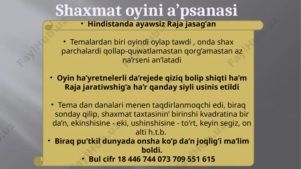 isteması bar. shaxmat sport túri retinde 100 dana mámlekette tán alınǵan. 1999 jılda xalıq aralıq olimpiada komiteti (xoq) shaxmatti sport túri retinde tán aldı, biraq onı olimpiada oyınları programmasına kiritpedi. fide óziniń shaxmat olimpiadaların ótkeredi. anketa kópshilik shaxmat tariyxı hám oyın qaǵıydaların jaqsı biledi. birinshi hám ámeldegi jáhán chempionı menen tanısıń. shańaraqta kóp adamlar shaxmat oynaydı. kópshilik ataqlı shaxmatshilar kasparova, karpovalardi biledi. meniń tiykarǵı sorawimga: " shaxmat sport tu’ri me ? " kópshilik awa, bul sport. hátte sonday juwap da bar edi, bul aqıl ushın sport. kópshilik shaxmat oynawdı úyreniwdi qálewin bildirdi. soraw nátiyjeleri: juwmaq : men bilip aldım: shaxmat qaǵıydaları mudamı da házirgi sıyaqlı emes edi. shaxmat turaqlı gúres bolıp tabıladı. joytıwdan aman qalıw ushın sizde temir nervlerge ıyelewińiz kerek. biraq siz tekǵana bul jeńiliwden aman qalıwıńız, bálki keyingi oying’a da tayarlaniwin’iz kerek. juwmaq : izertlewimdiń tiykarǵı sorawına juwap bere aldım. shaxmat óziniń dónli tárepleri, jeńis hám jeńiliwleri menen …