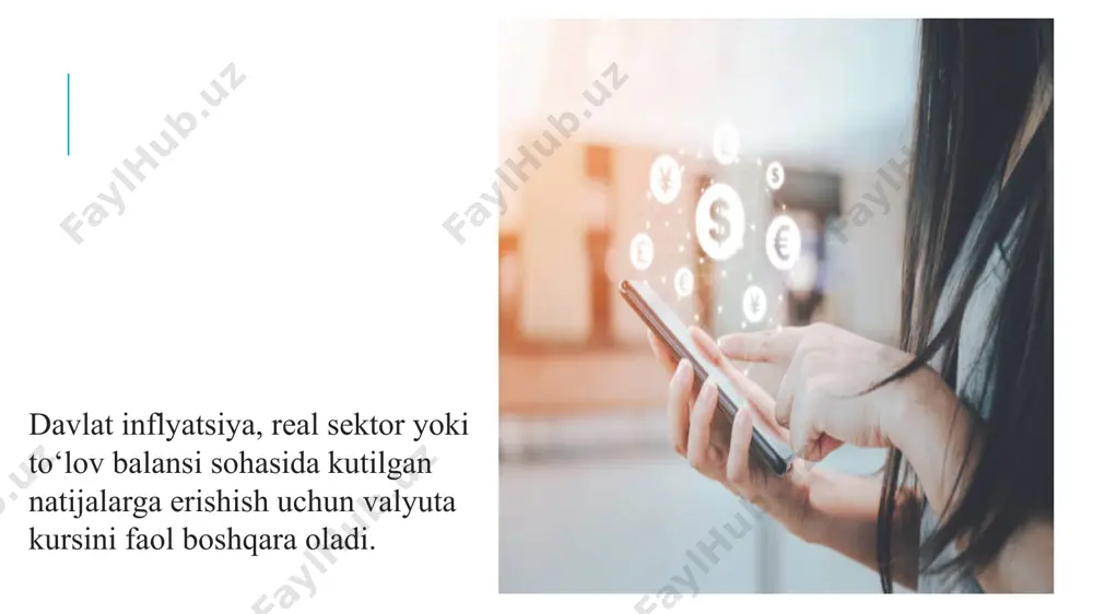 holatda siz hatto sotib olishdan voz kechishga qaror qilasiz. boshqa tomondan, samarqandga ketayotgan fransuz talabasi fransuani olaylik. shuningdek, u esdalik sovg'a - registon ansambli ramzi bilan brelok sotib olmoqchi. 1 so’m 1 evroga teng bo’lsa, agar brelok 10 so’m bo'lsa, fransua 10 evro to'lashi kerak. so’m kursi 10 so’mgacha o'zgarganda. 1 evro uchun (fransua uchun bu uning milliy valyutasi evroning xalqaro qiymatining oshishini anglatadi),suvenirni olish uchun unga 1 evro kerak bo'ladi. va stavka 35 somga teng bo'lganda. 1 evro uchun suvenir juda arzon bo'ladi, faqat 10/35 ~ 0,229 evro. ehtimol, u hatto ikkita suvenir sotib oladi. shunday qilib, valyuta kursi milliy tovarlarimiz qiymatini xorijiy pullarda baholash, chet el tovarlari narxini milliy valyutaga aylantirish imkonini beradi. milliy pul birligining xalqaro qiymatining oshishi (valyuta kursining pasayishi) biz uchun chet el tovarlari narxining pasayishi va chet elliklar uchun tovarlarimiz narxining oshishi bilan birga keladi. pulimizning xalqaro qiymatining pasayishi (valyuta kursining oshishi) biz uchun …