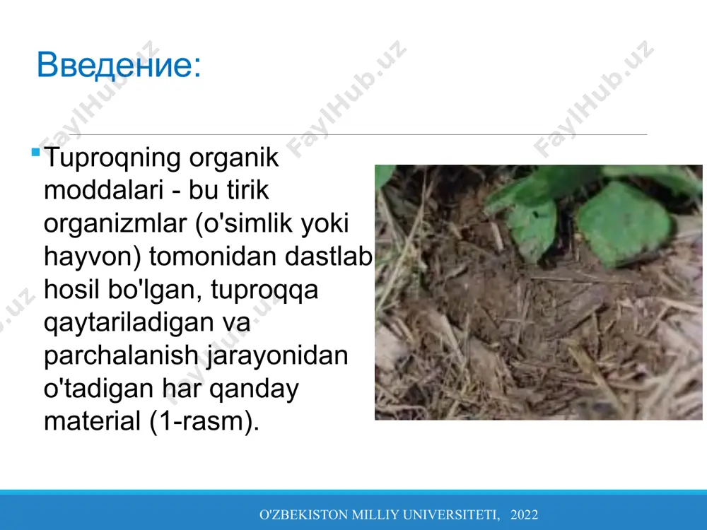 , 3-4 ta karboksil (-coon), metoksil (-och3) va karbonil (–c=o) guruhlarning bo‘lishi ularning xususiyatlari hamda tuproq bilan o‘zaro ta’sir xarakterini belgilaydi. gumin kislotalar tarkibidagi karboksil guruhlar tuproqqa nordonlik baqishlaydi va kationlarni almashinib yutilishi jarayonida ishtirok etishini ta’minlaydi. karboksil guruh tarkibidagi vodorod turli kationlar tomonidan siqib chiqariladi va bunda gumatlar deb nomlanadigan tuzlar hosil bo‘ladi: rcooh+nahco3=rcoona+h2o+co2 2rcooh+caco3+(rcoo)2ca+h2o+ co2 bir valentli kationlar (na, k, nh4) ning gumatlari suvda oson eriydi, ikki (ca va mg) va uch valentli (fe va a1) kationlarining gumatlari esa suvda erimaydi. o'zbekiston milliy universiteti, 2022 gumin kislotalar gumin kislotalar o'zbekiston milliy universiteti, 2022 gumus moddalarning ikkinchi guruhi fulvo kislotalar bo‘lib, ular azotli yuqori molekulyar oksikarbon kislotalardir. fulvo kislota gumin kislotadan o‘zining och tusi (fulvo so‘zining lug‘aviy ma’nosi sariq, sarqish demakdir), suv va mineral kislotalarda eruvchanligi hamda kislotali gidrolizga oson berilishi bilan farqlanadi. fulvo kislota tuzilishida chiziqli polimerlangan uglerod yon zanjirining ustunligi va aromatik uglerod to‘rining kam ishtiroki ularni …
