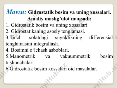 gidrostatik bosim va uning xossalari — PPTX